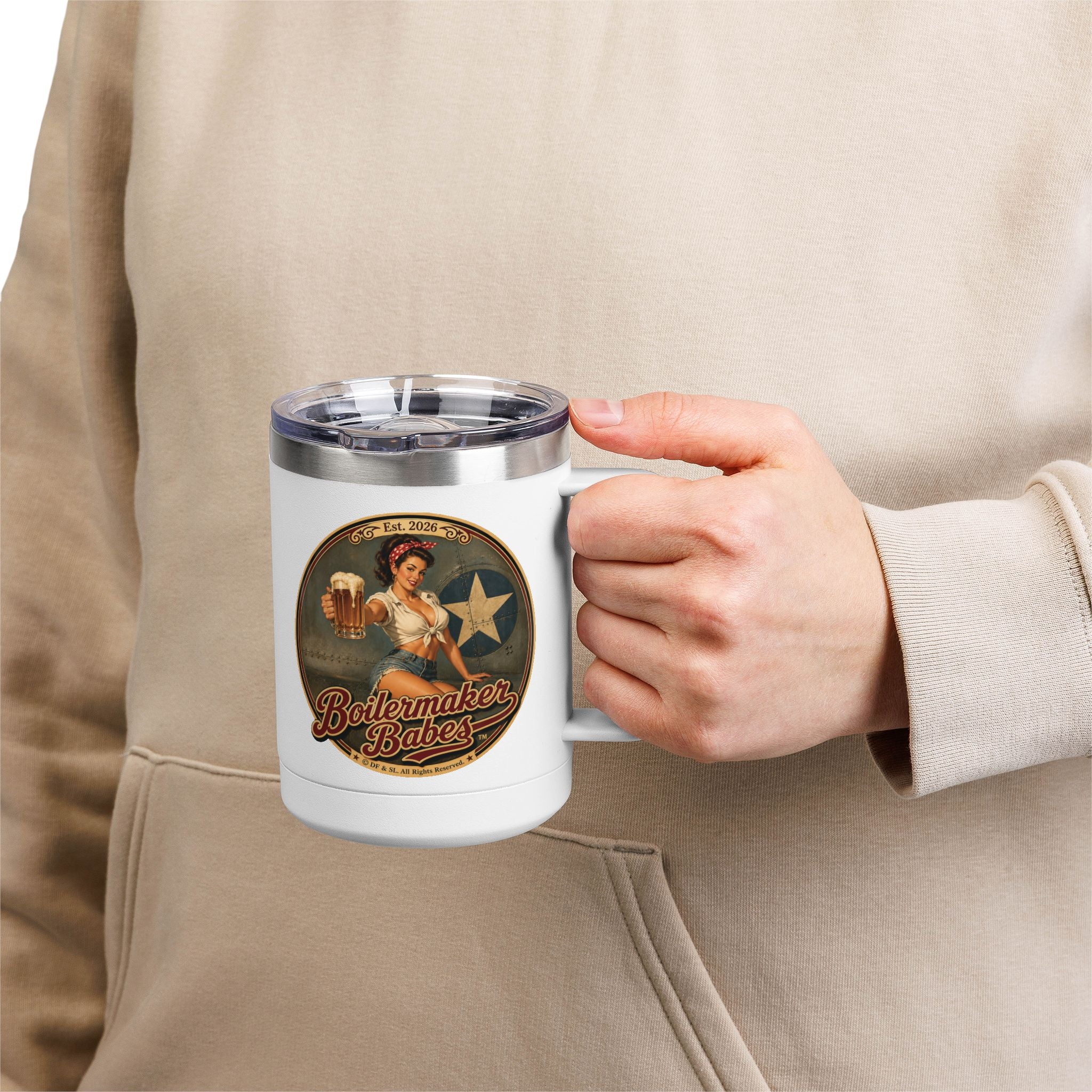 Rivets! (F) – 15oz. Insulated Mug - Boilermaker Babes ™ Vintage Style Pin-Up Art