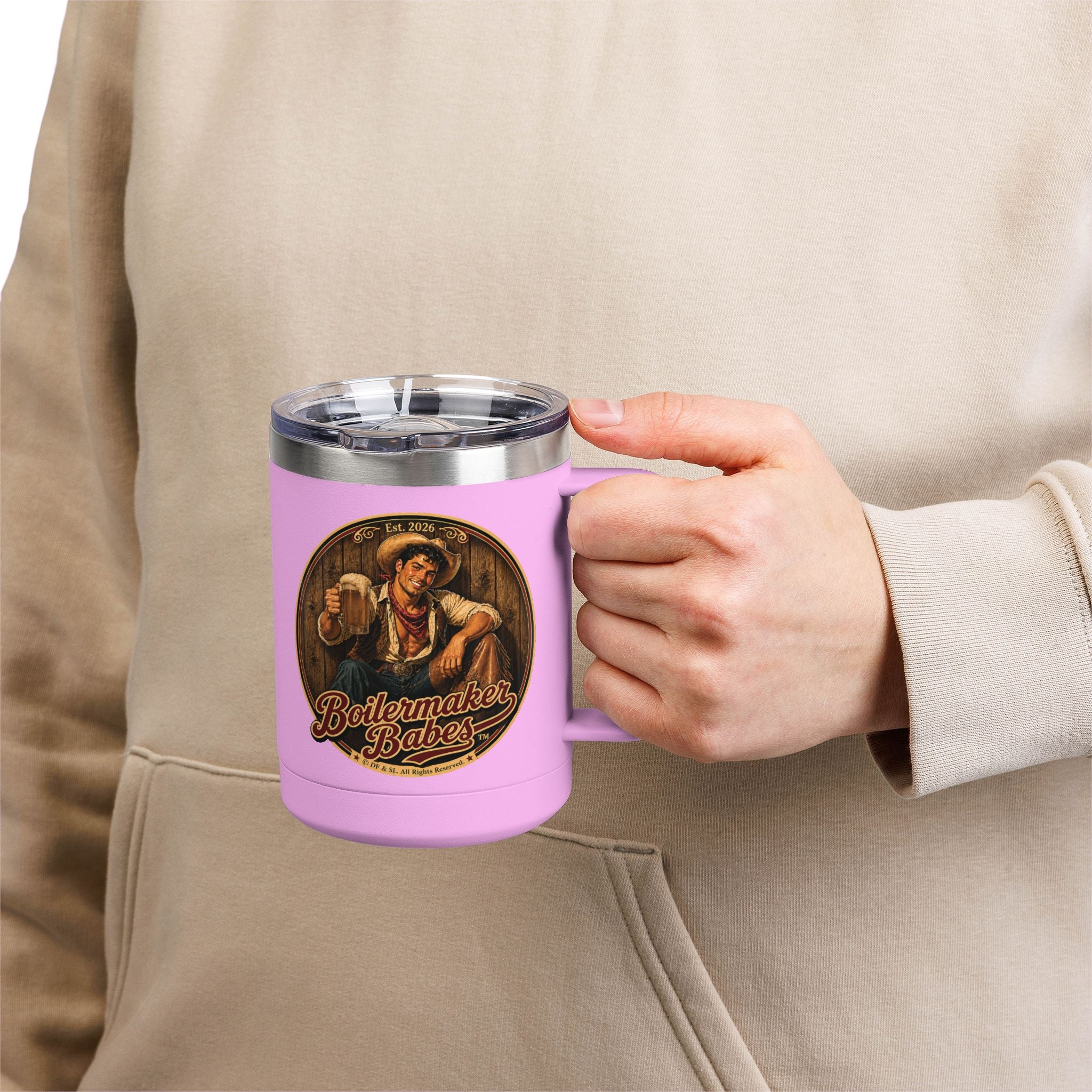 Cowboy Up! (M) – 15oz. Insulated Mug - Boilermaker Babes ™ Vintage Style Pin-Up Art