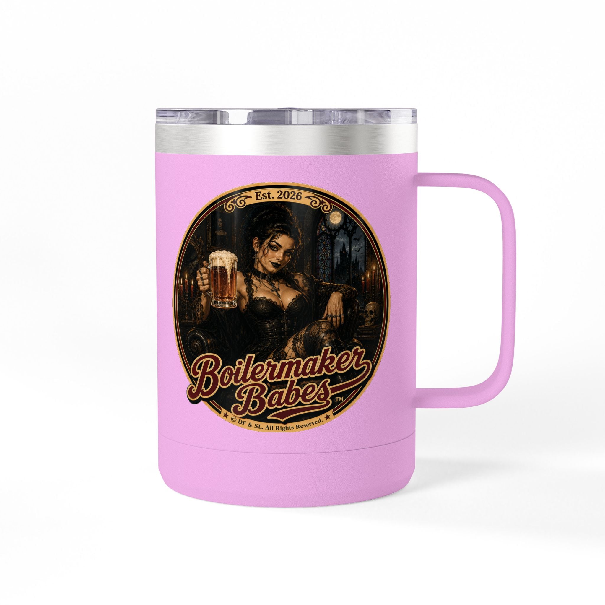 Spooki! (F) – 15oz. Insulated Mug - Boilermaker Babes ™ Vintage Style Pin-Up Art