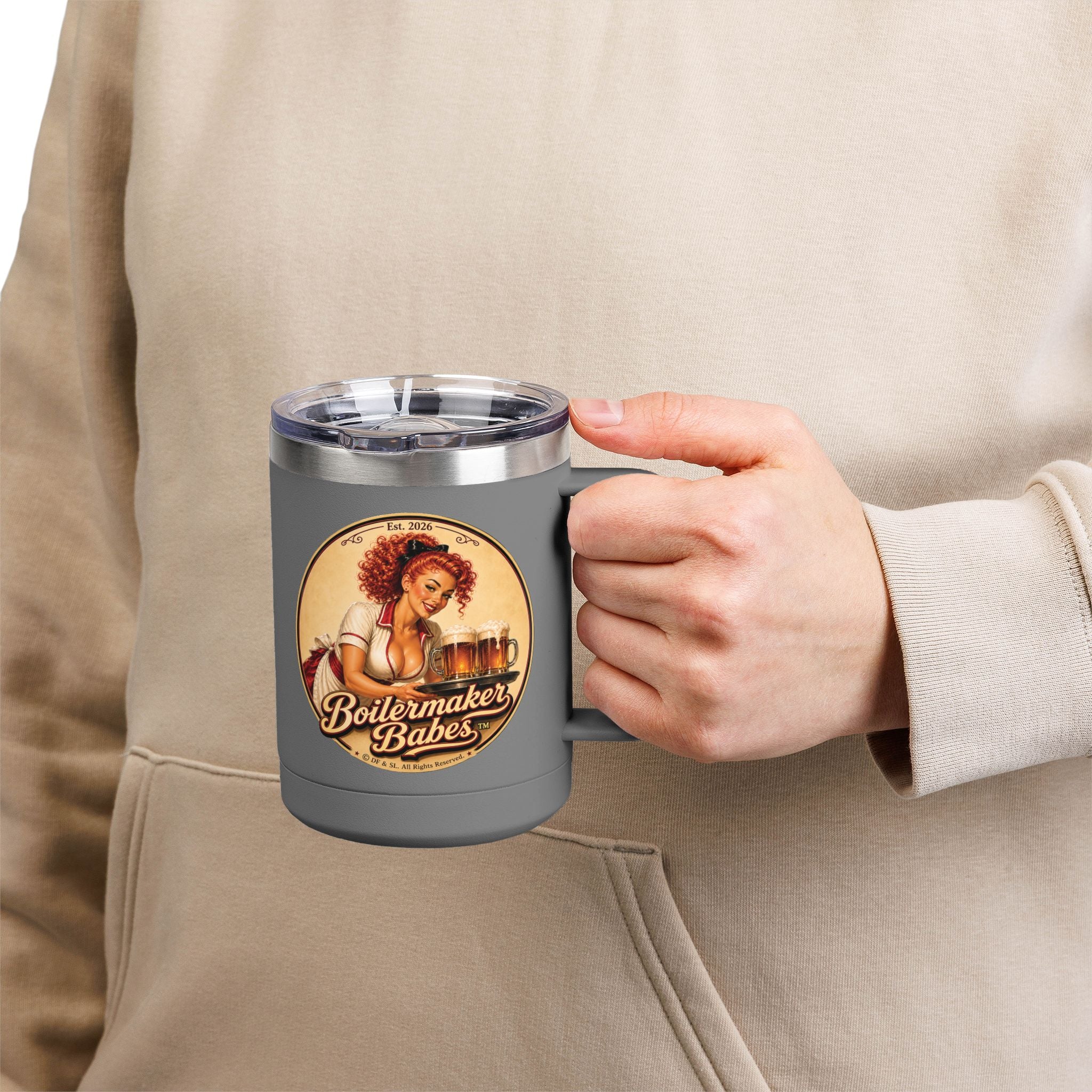 BB! (F) – 15oz. Insulated Mug - Boilermaker Babes ™ Vintage Style Pin-Up Art
