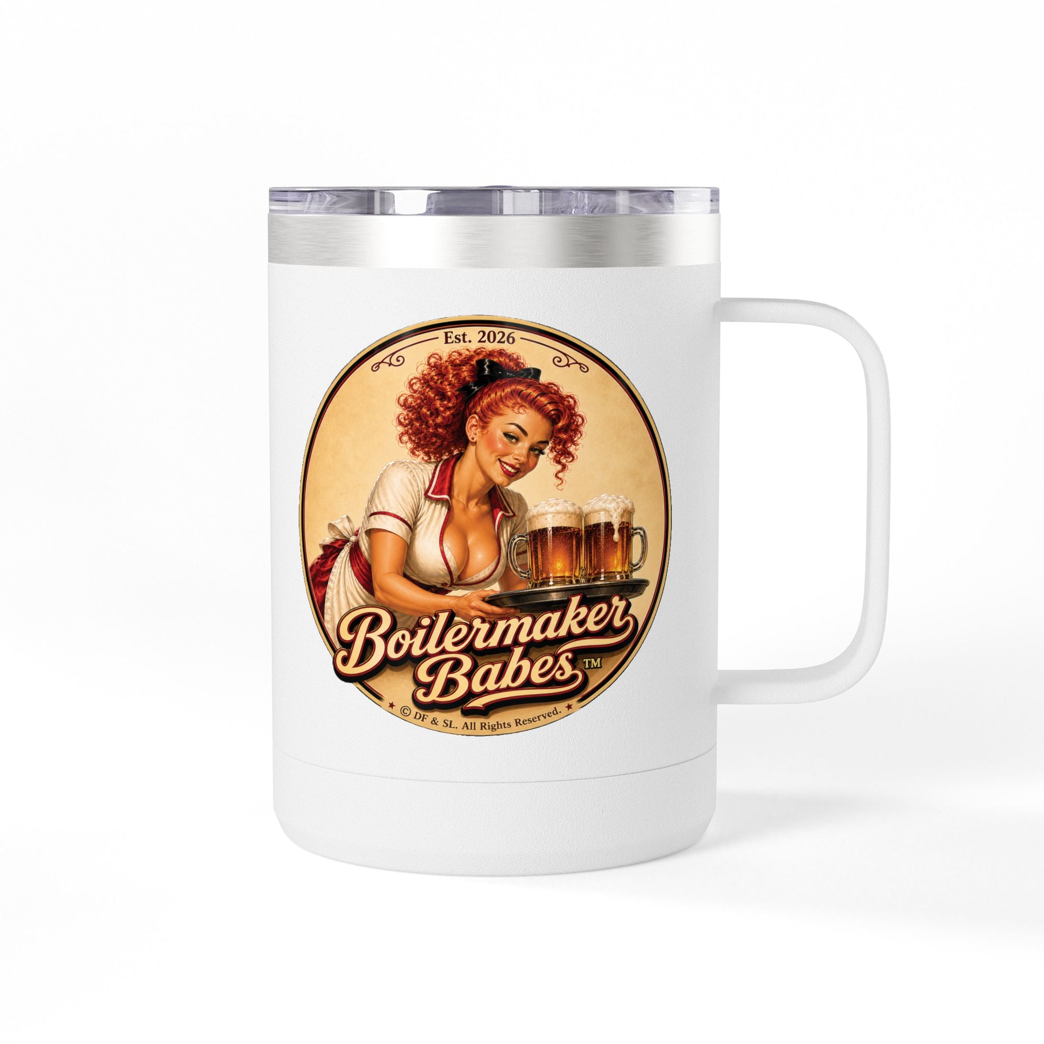 BB! (F) – 15oz. Insulated Mug - Boilermaker Babes ™ Vintage Style Pin-Up Art