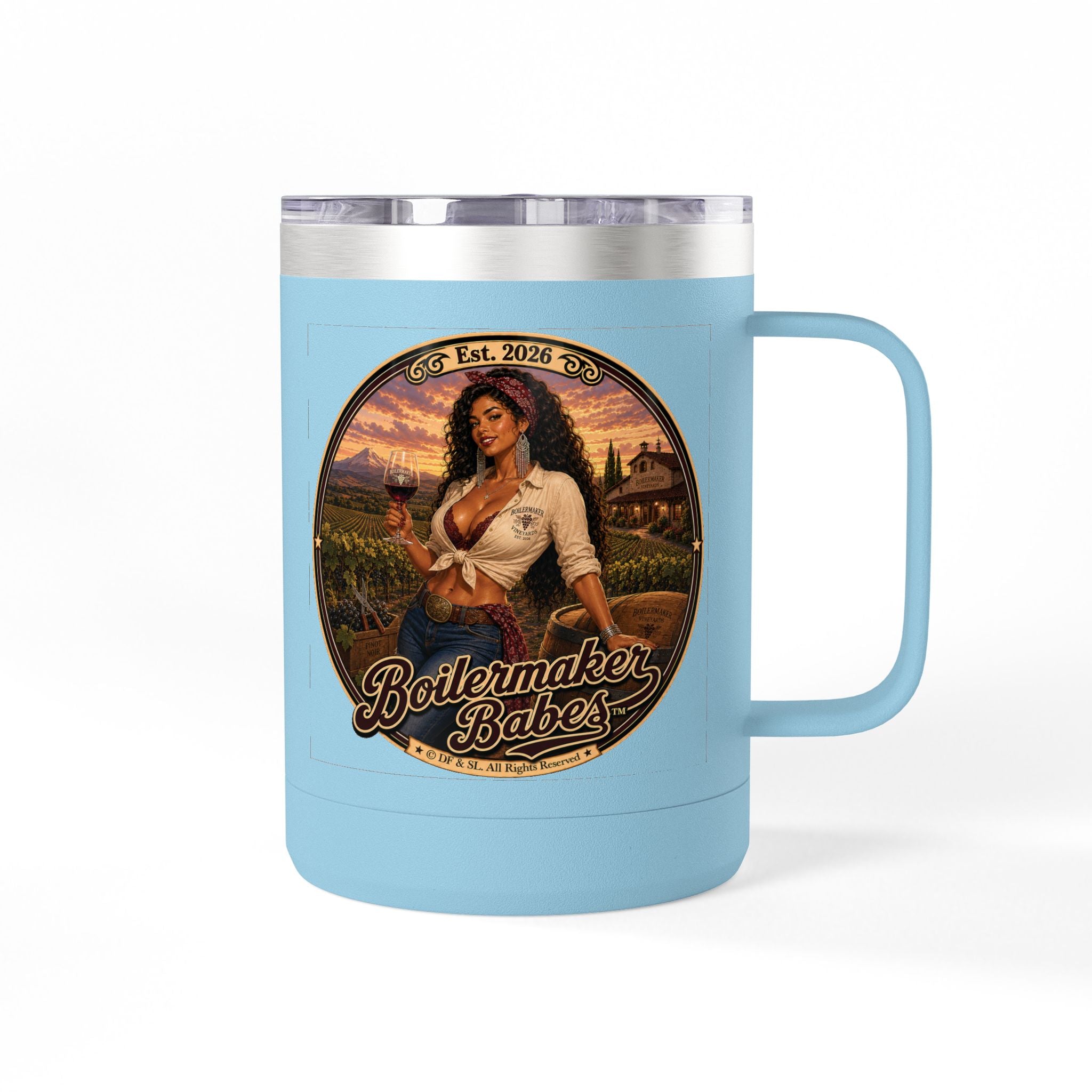 Vini! (F) – 15oz. Insulated Mug - Boilermaker Babes ™ Vintage Style Pin-Up Art