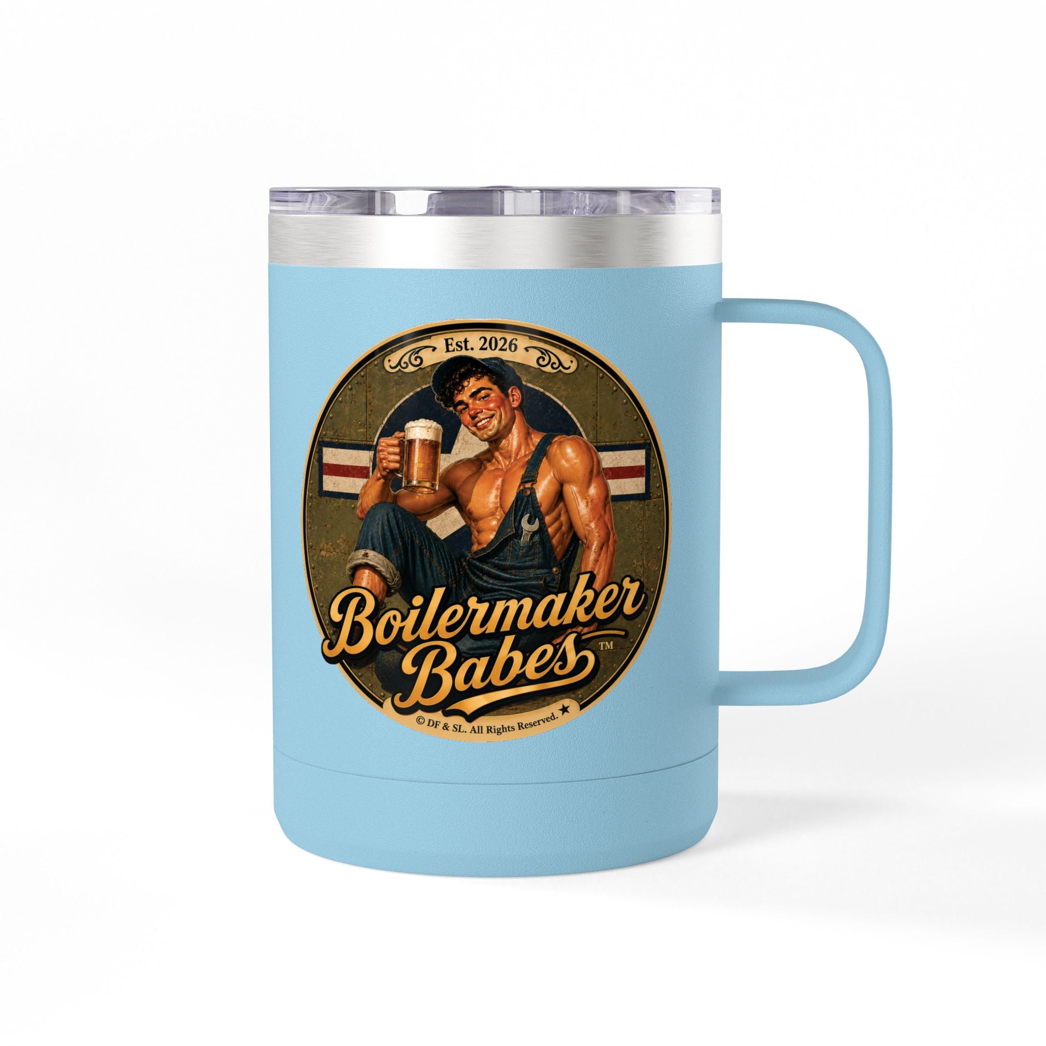 Mecham! (M) – 15oz. Insulated Mug - Boilermaker Babes ™ Vintage Style Pin-Up Art