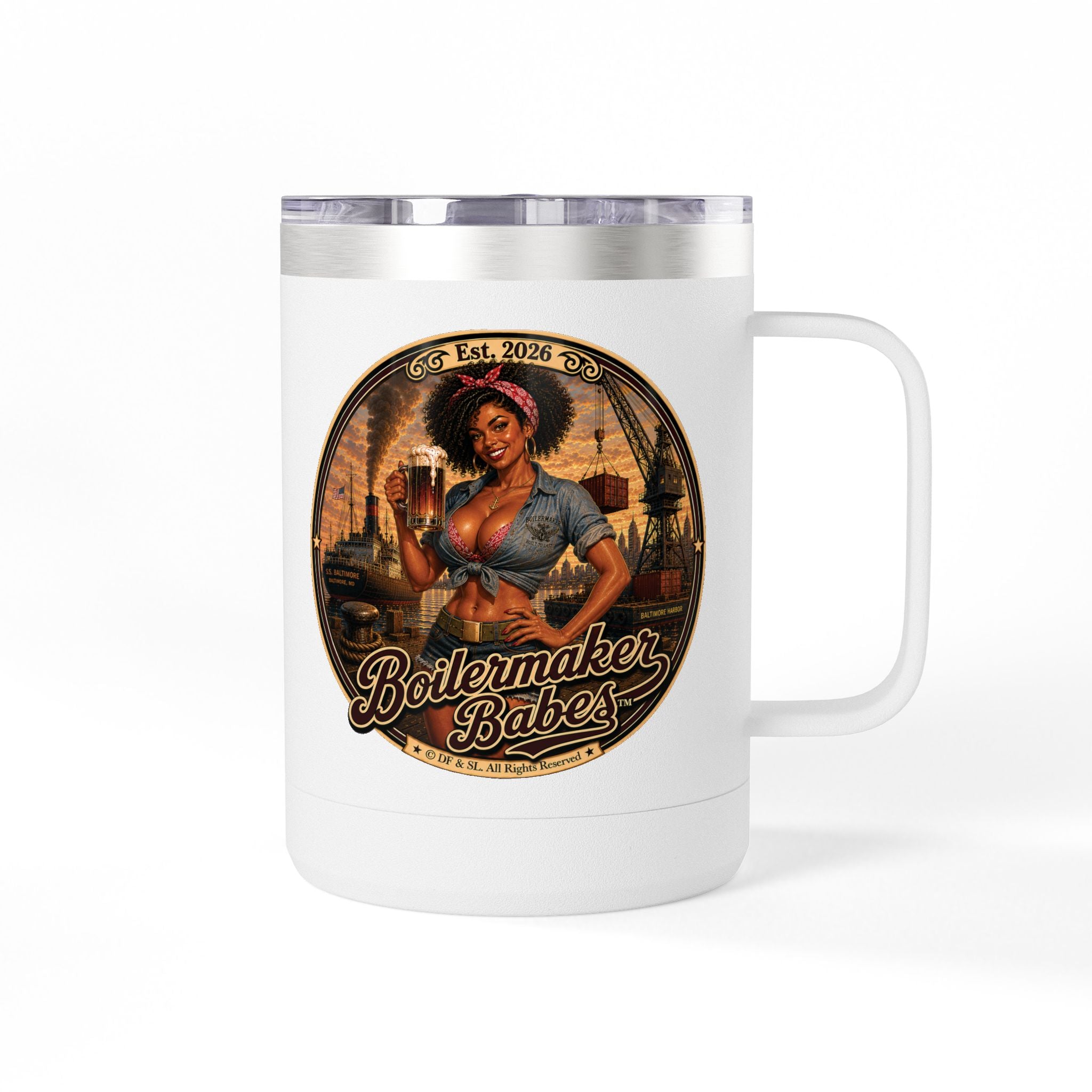 Docke! (F) – 15oz. Insulated Mug - Boilermaker Babes ™ Vintage Style Pin-Up Art