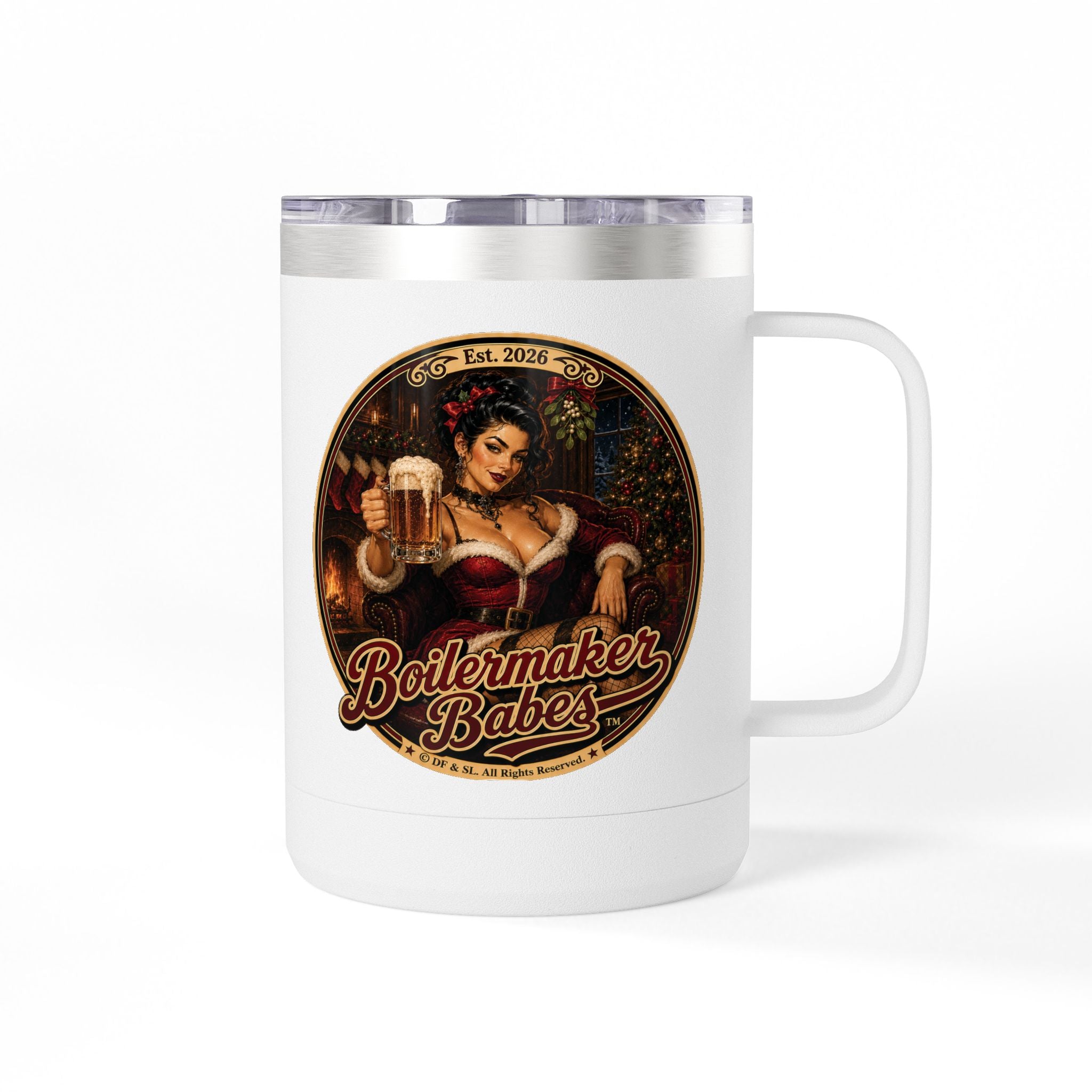 Sati! (F) – 15oz. Insulated Mug - Boilermaker Babes ™ Vintage Style Pin-Up Art