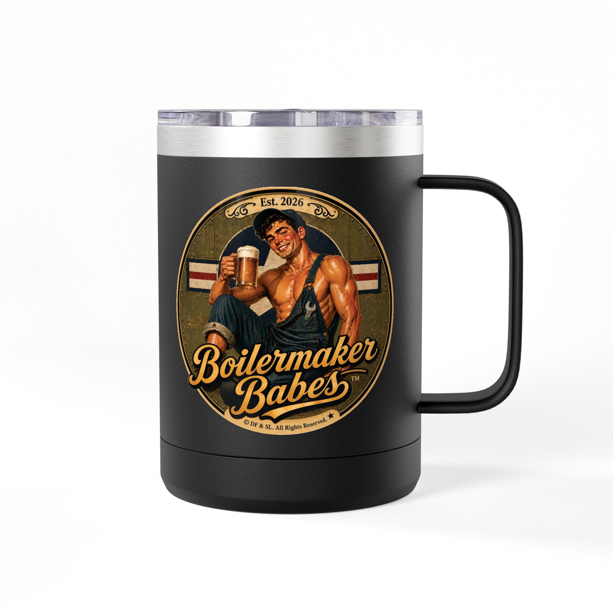 Mecham! (M) – 15oz. Insulated Mug - Boilermaker Babes ™ Vintage Style Pin-Up Art