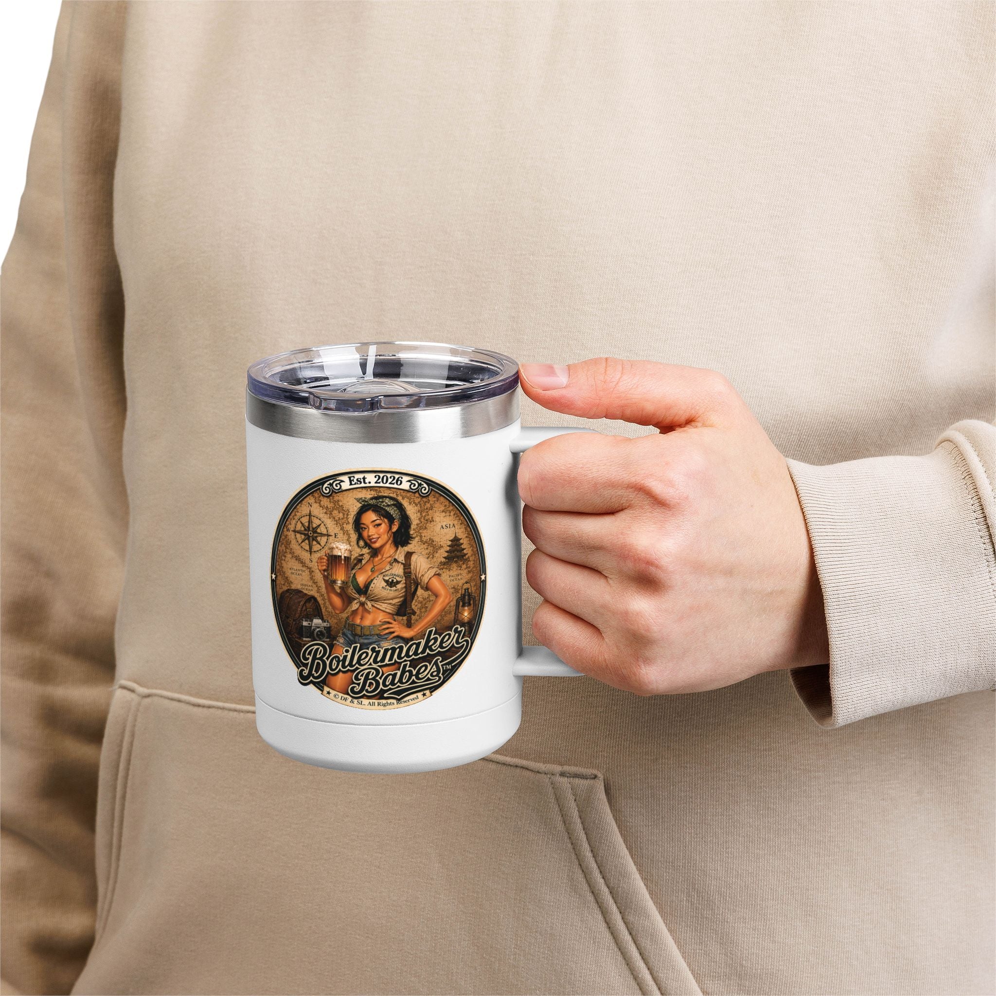 Xplore! (F) – 15oz. Insulated Mug - Boilermaker Babes ™ Vintage Style Pin-Up Art