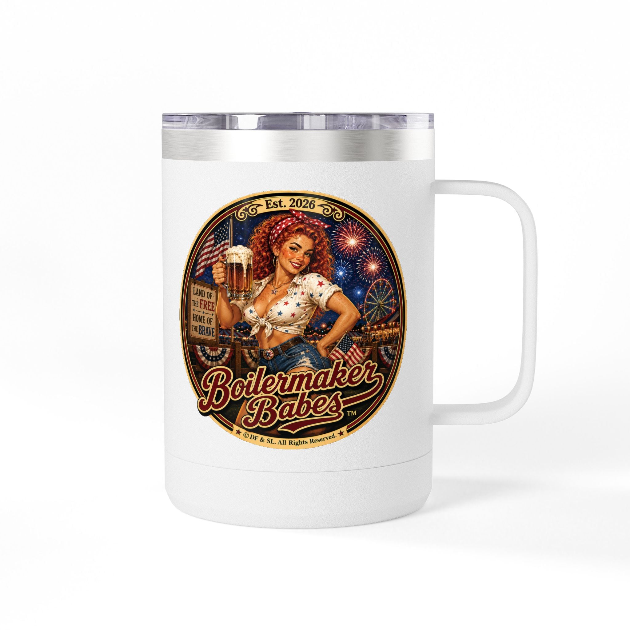 250! (F)– 15oz. Insulated Mug - Boilermaker Babes ™ Vintage Style Pin-Up Art