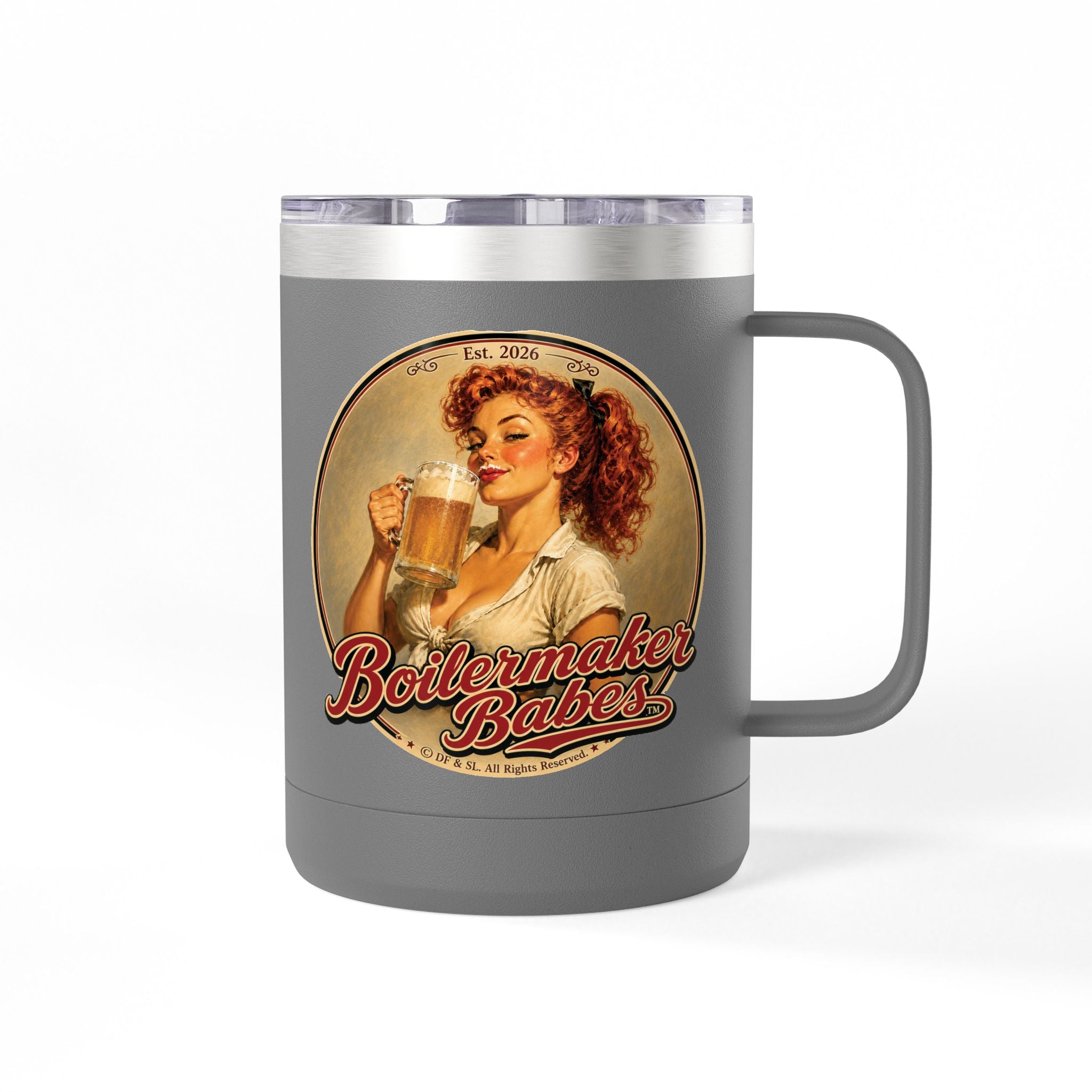Thursti! (F) – 15oz. Insulated Mug - Boilermaker Babes ™ Vintage Style Pin-Up Art