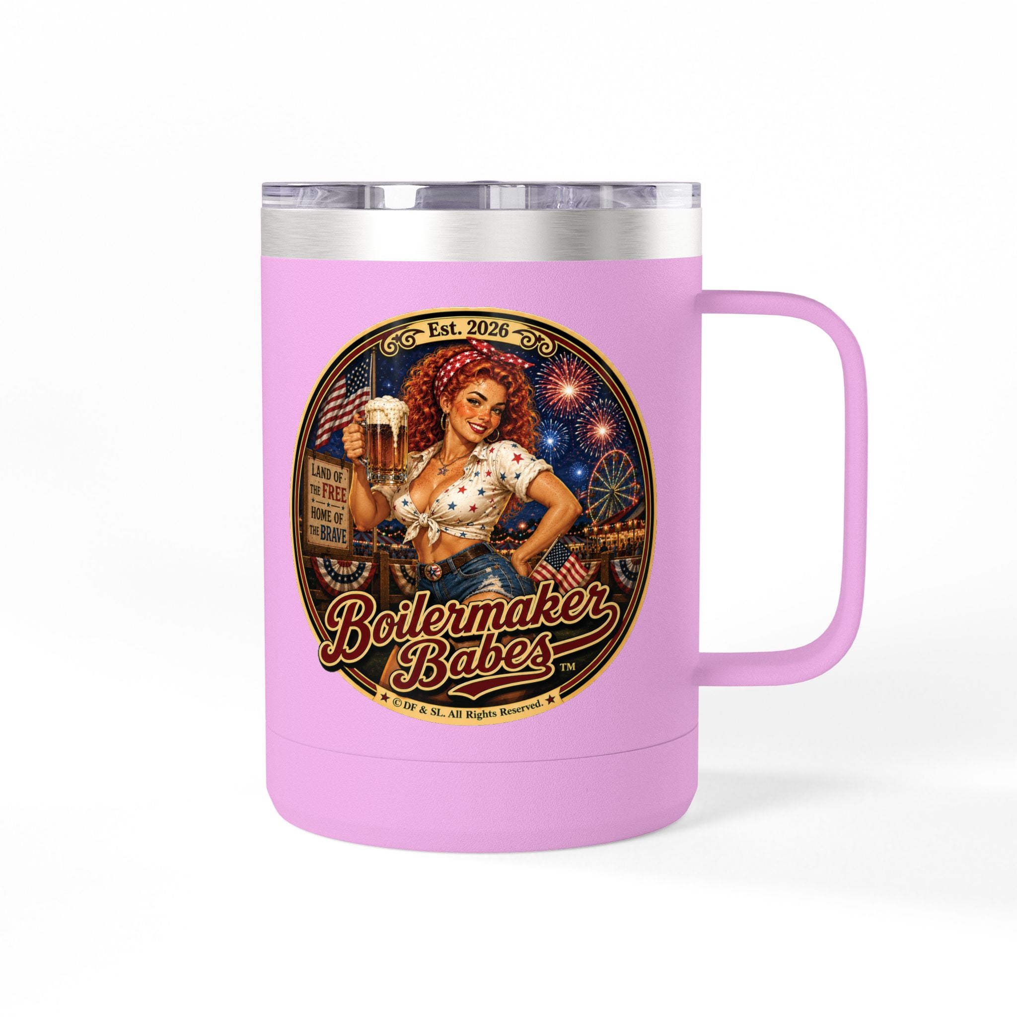 250! (F)– 15oz. Insulated Mug - Boilermaker Babes ™ Vintage Style Pin-Up Art