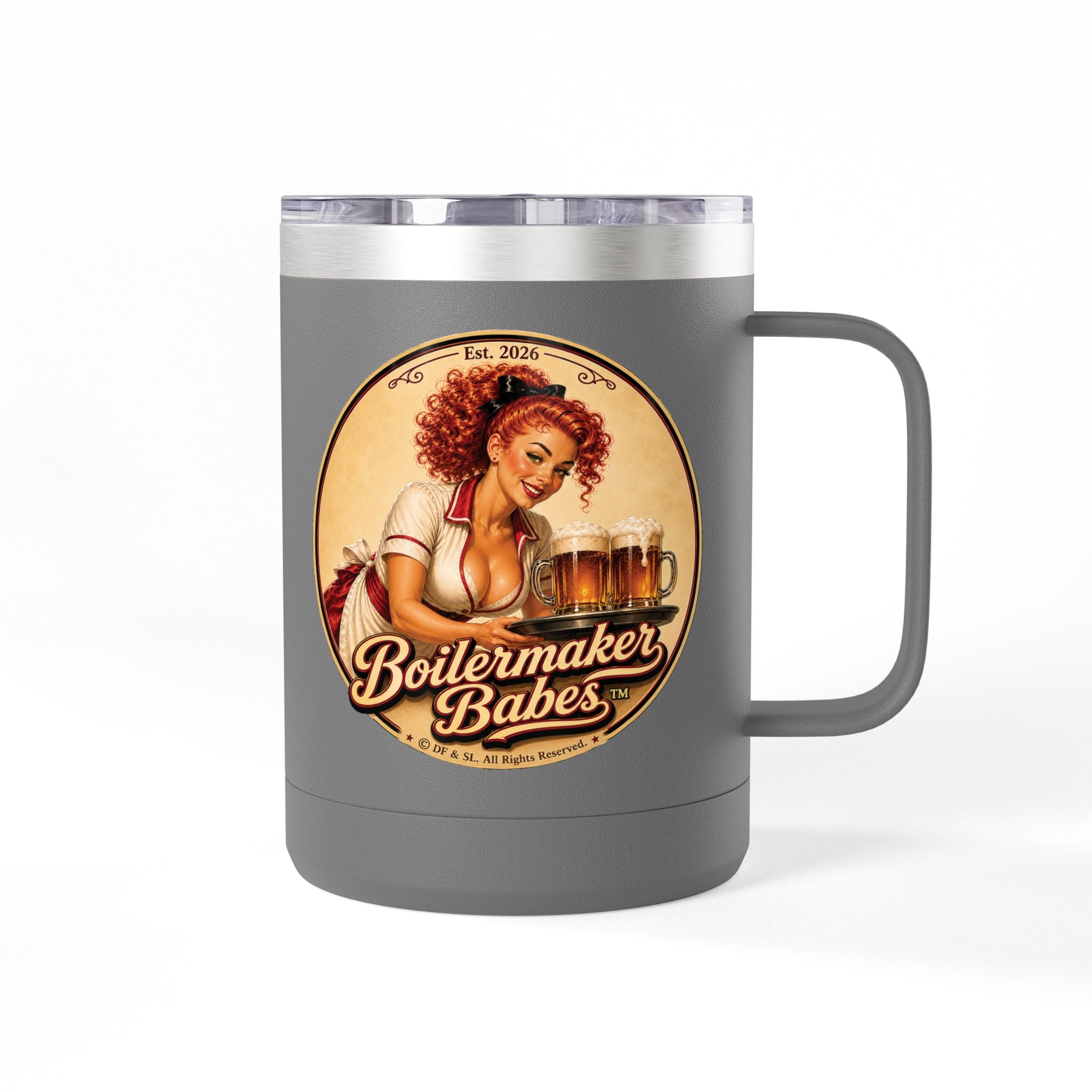 BB! (F) – 15oz. Insulated Mug - Boilermaker Babes ™ Vintage Style Pin-Up Art