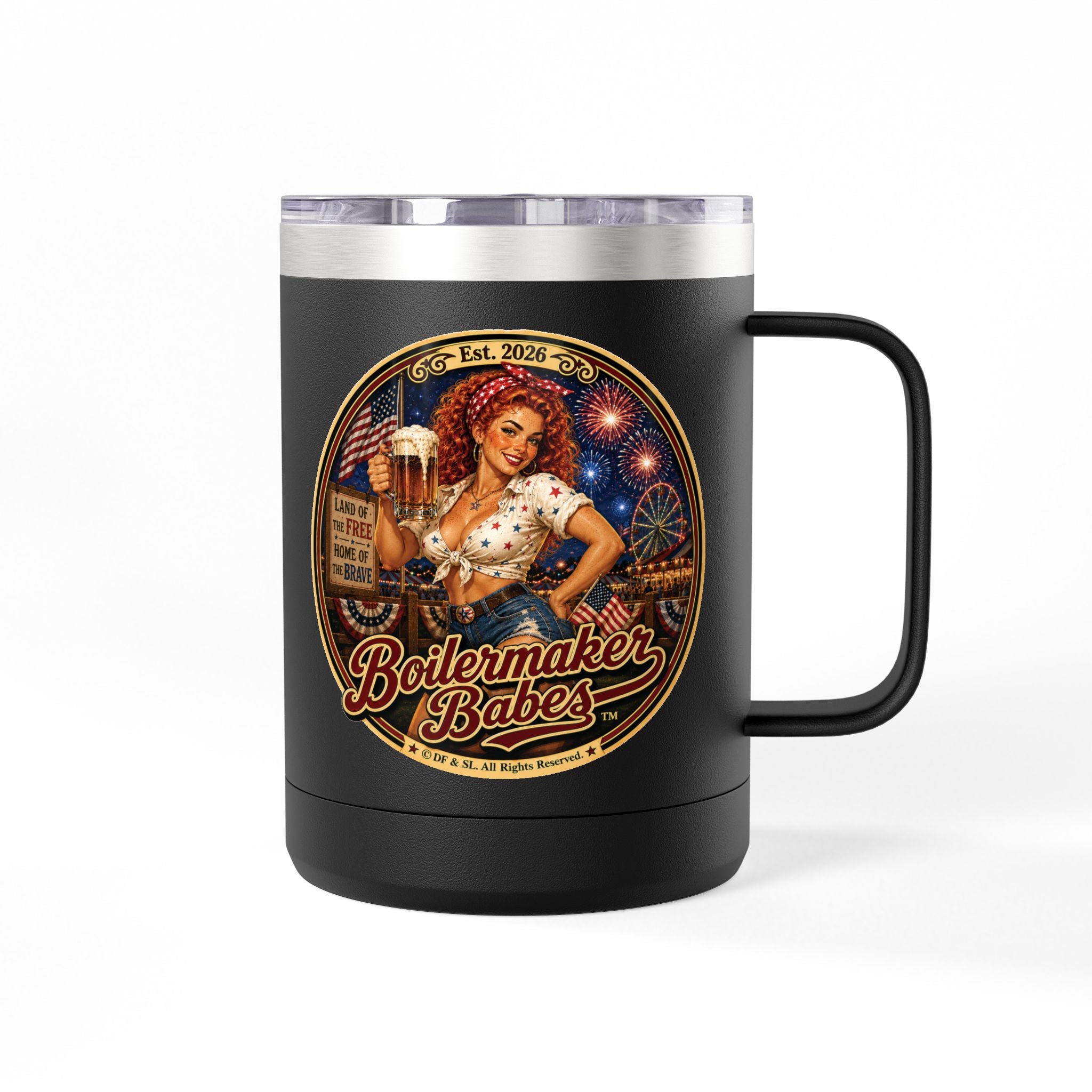 250! (F)– 15oz. Insulated Mug - Boilermaker Babes ™ Vintage Style Pin-Up Art