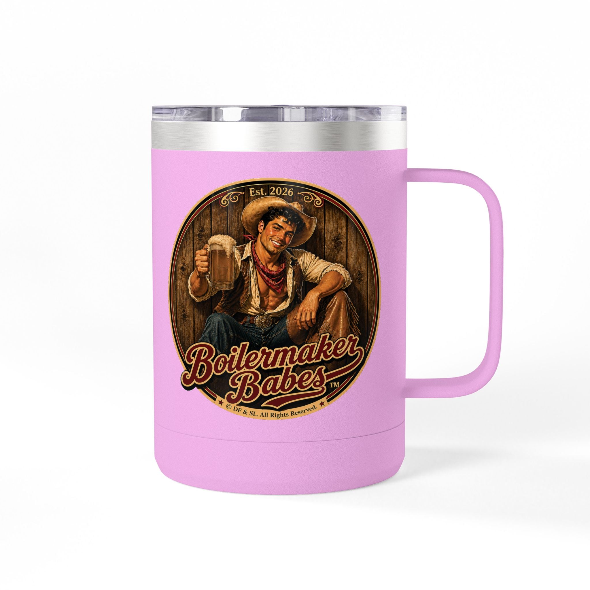 Cowboy Up! (M) – 15oz. Insulated Mug - Boilermaker Babes ™ Vintage Style Pin-Up Art