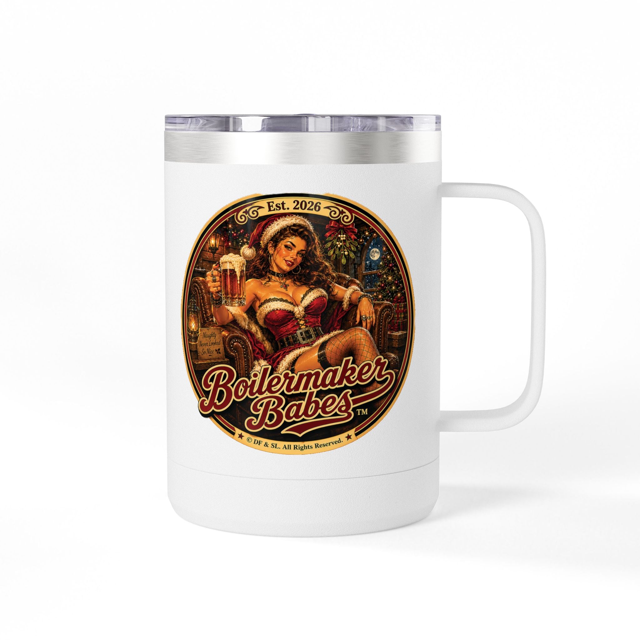 Claws! (F) – 15oz. Insulated Mug - Boilermaker Babes ™ Vintage Style Pin-Up Art