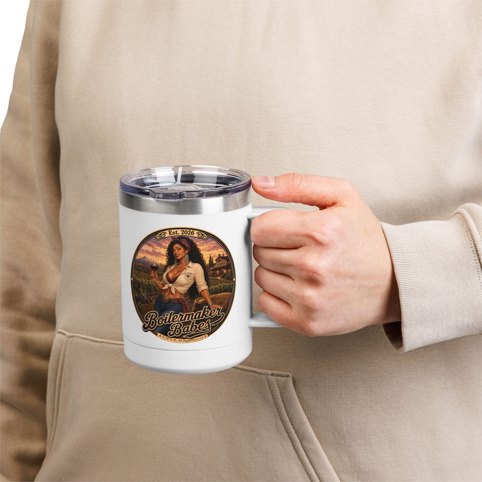 Vini! (F) – 15oz. Insulated Mug - Boilermaker Babes ™ Vintage Style Pin-Up Art