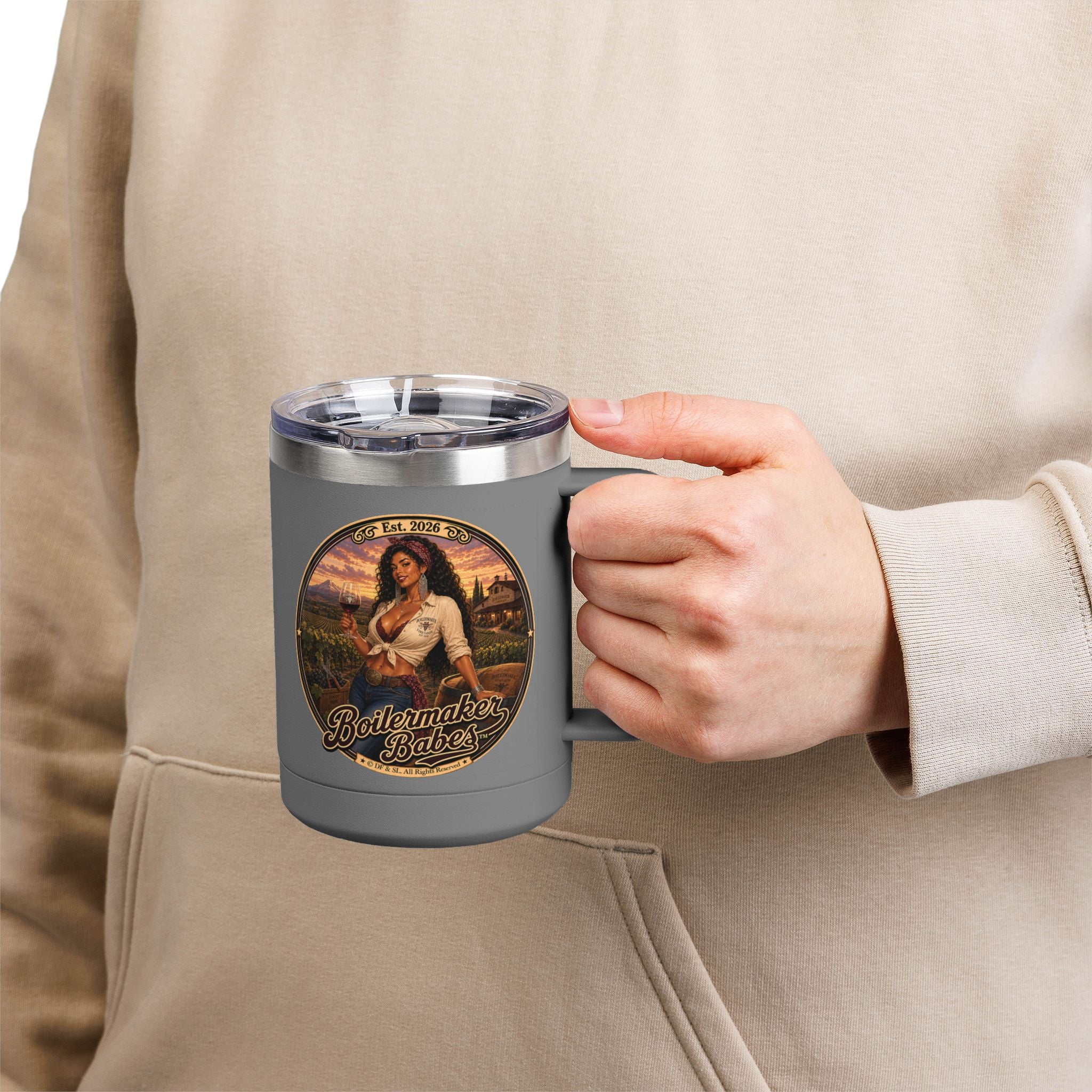 Vini! (F) – 15oz. Insulated Mug - Boilermaker Babes ™ Vintage Style Pin-Up Art