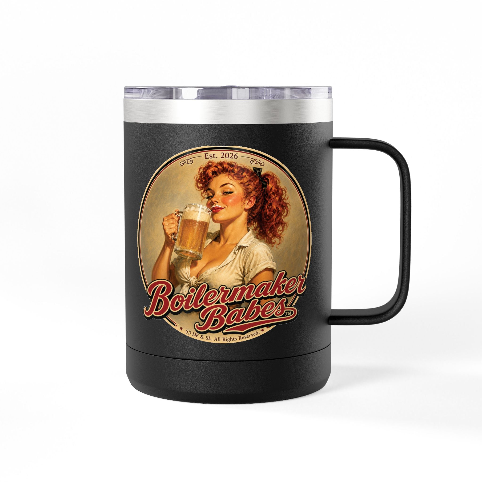Thursti! (F) – 15oz. Insulated Mug - Boilermaker Babes ™ Vintage Style Pin-Up Art