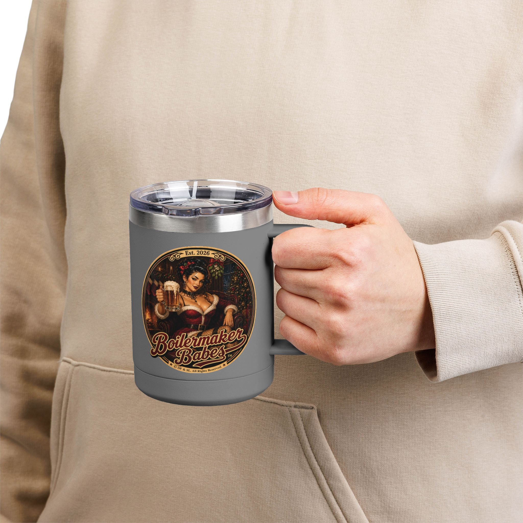 Sati! (F) – 15oz. Insulated Mug - Boilermaker Babes ™ Vintage Style Pin-Up Art