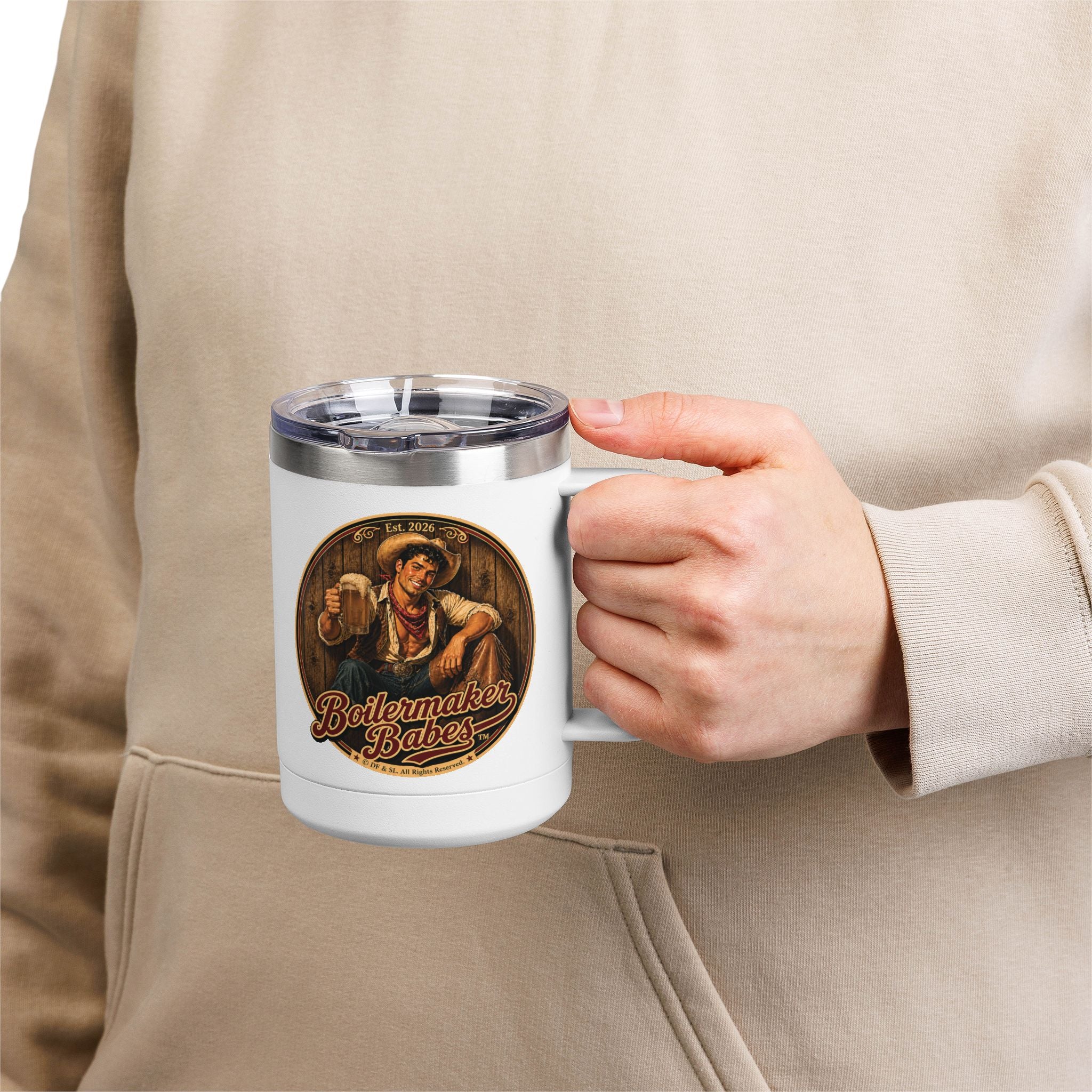 Cowboy Up! (M) – 15oz. Insulated Mug - Boilermaker Babes ™ Vintage Style Pin-Up Art