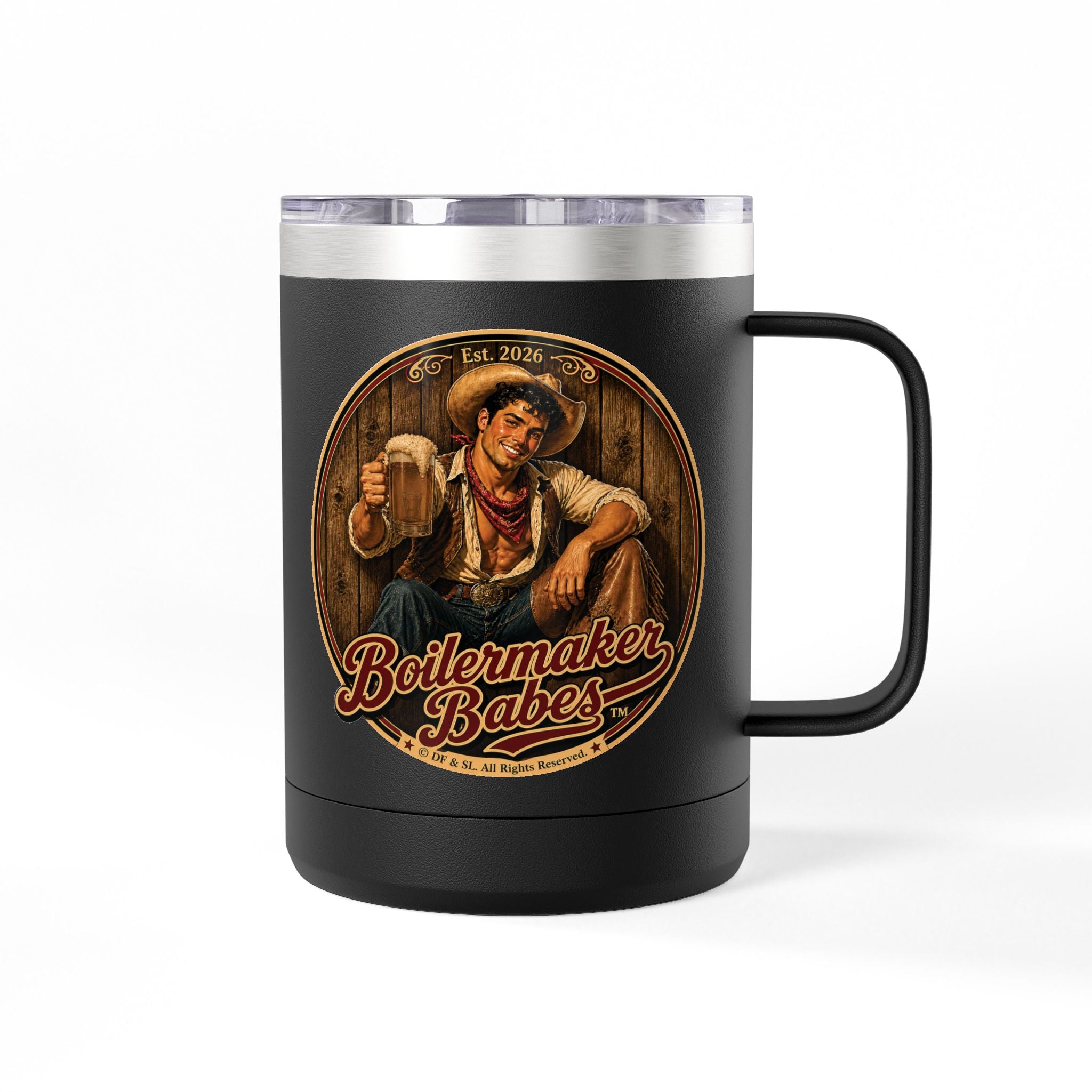 Cowboy Up! (M) – 15oz. Insulated Mug - Boilermaker Babes ™ Vintage Style Pin-Up Art