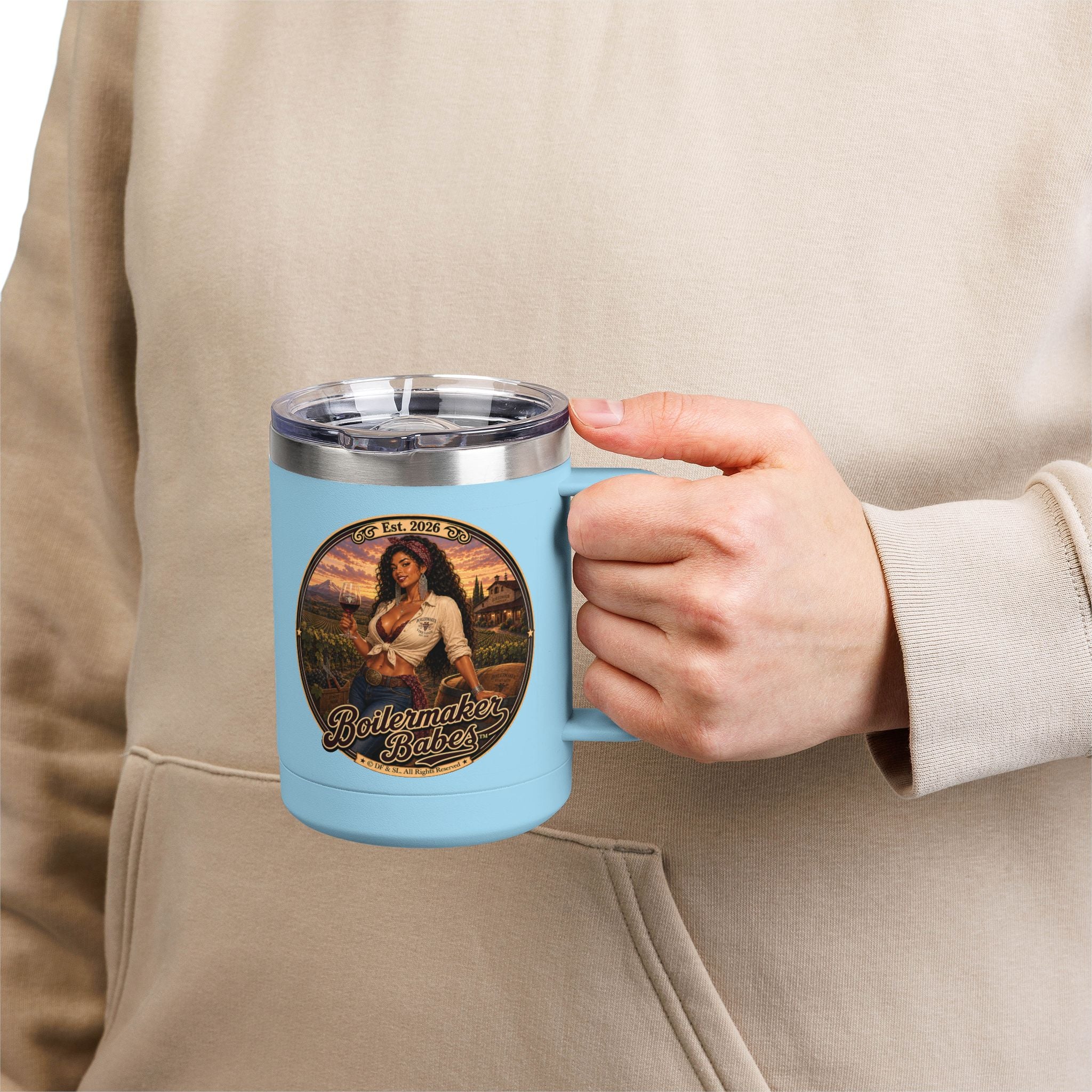 Vini! (F) – 15oz. Insulated Mug - Boilermaker Babes ™ Vintage Style Pin-Up Art