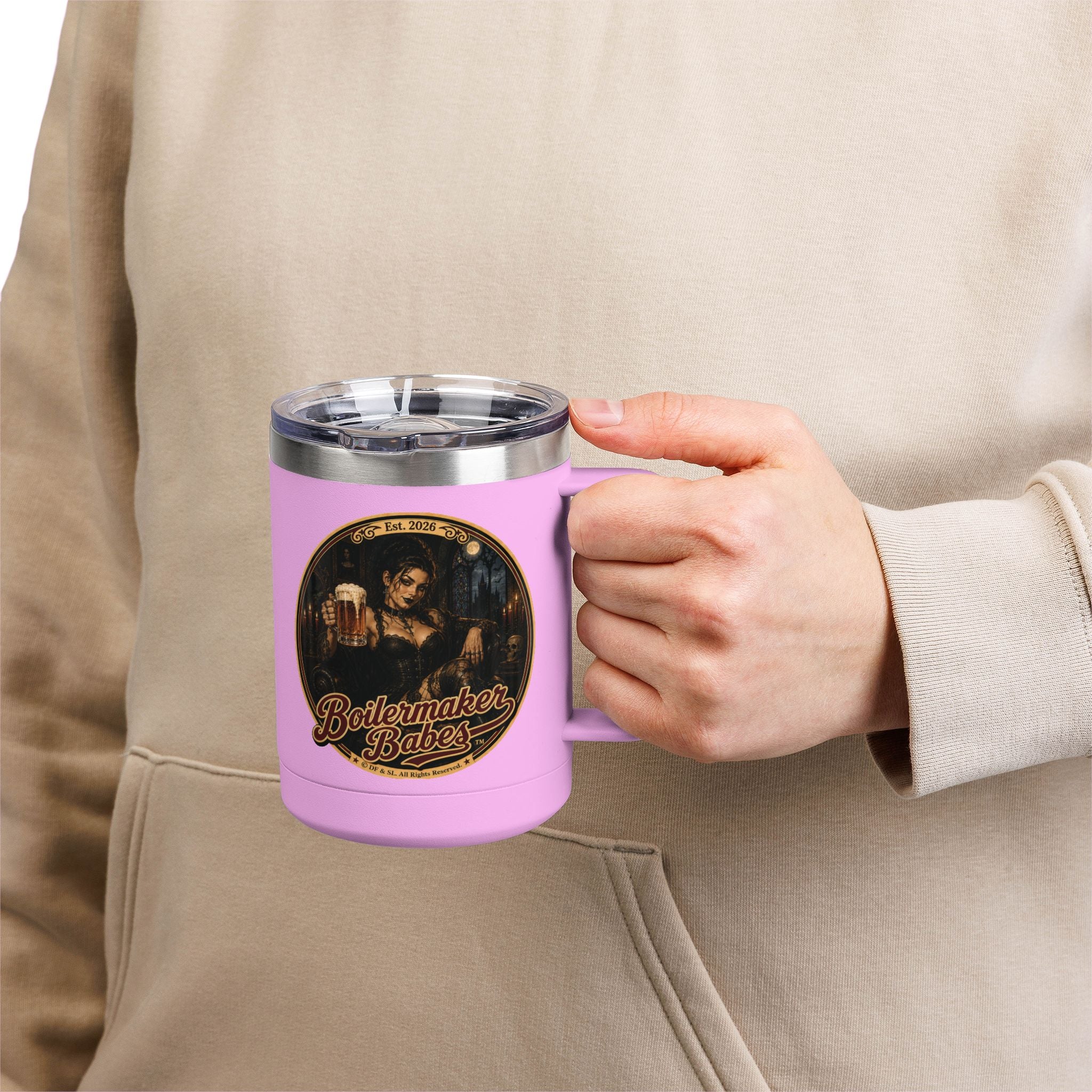 Spooki! (F) – 15oz. Insulated Mug - Boilermaker Babes ™ Vintage Style Pin-Up Art