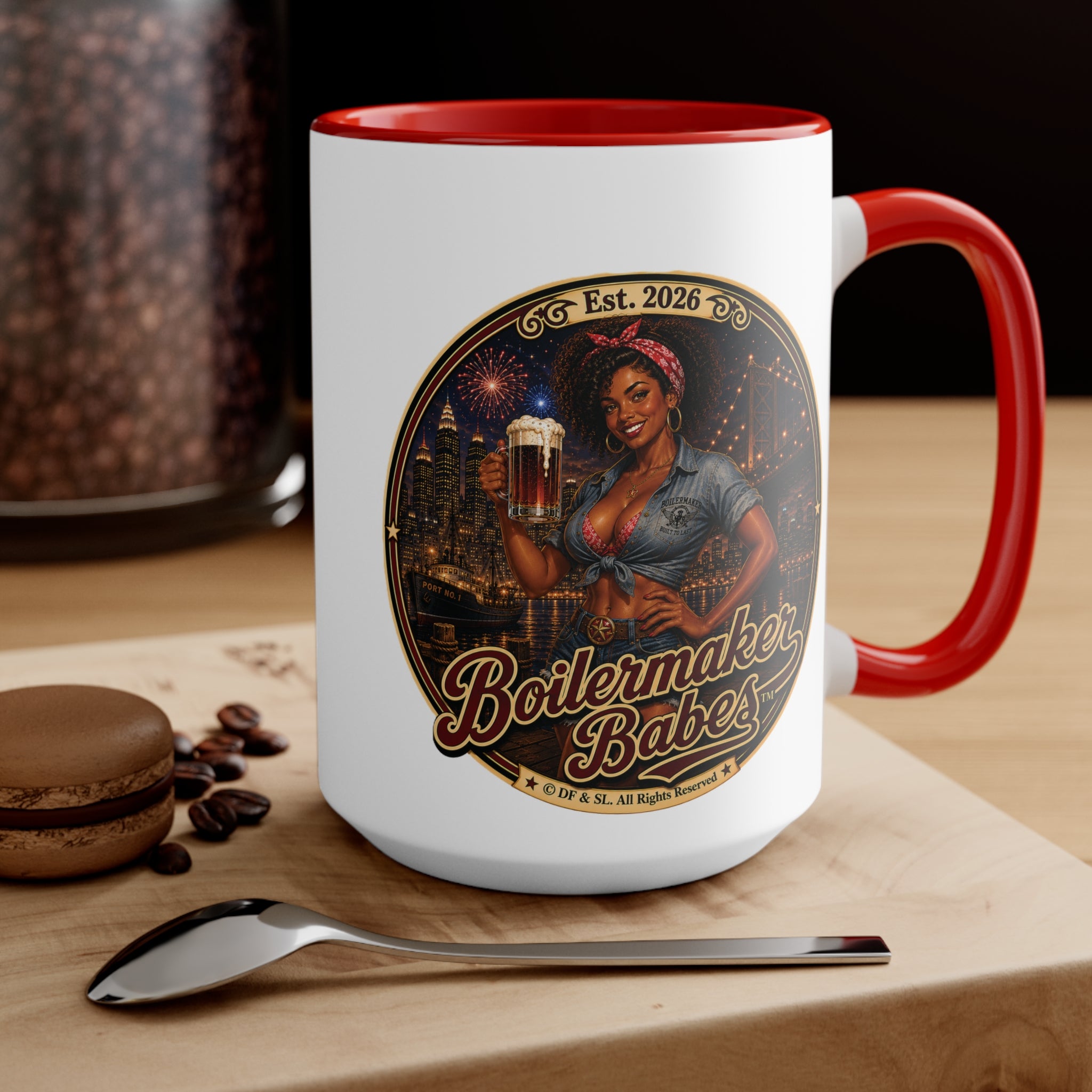 Docke! (F) – 15oz. Accent Mug - Boilermaker Babes ™ Vintage Style Pin-Up Art