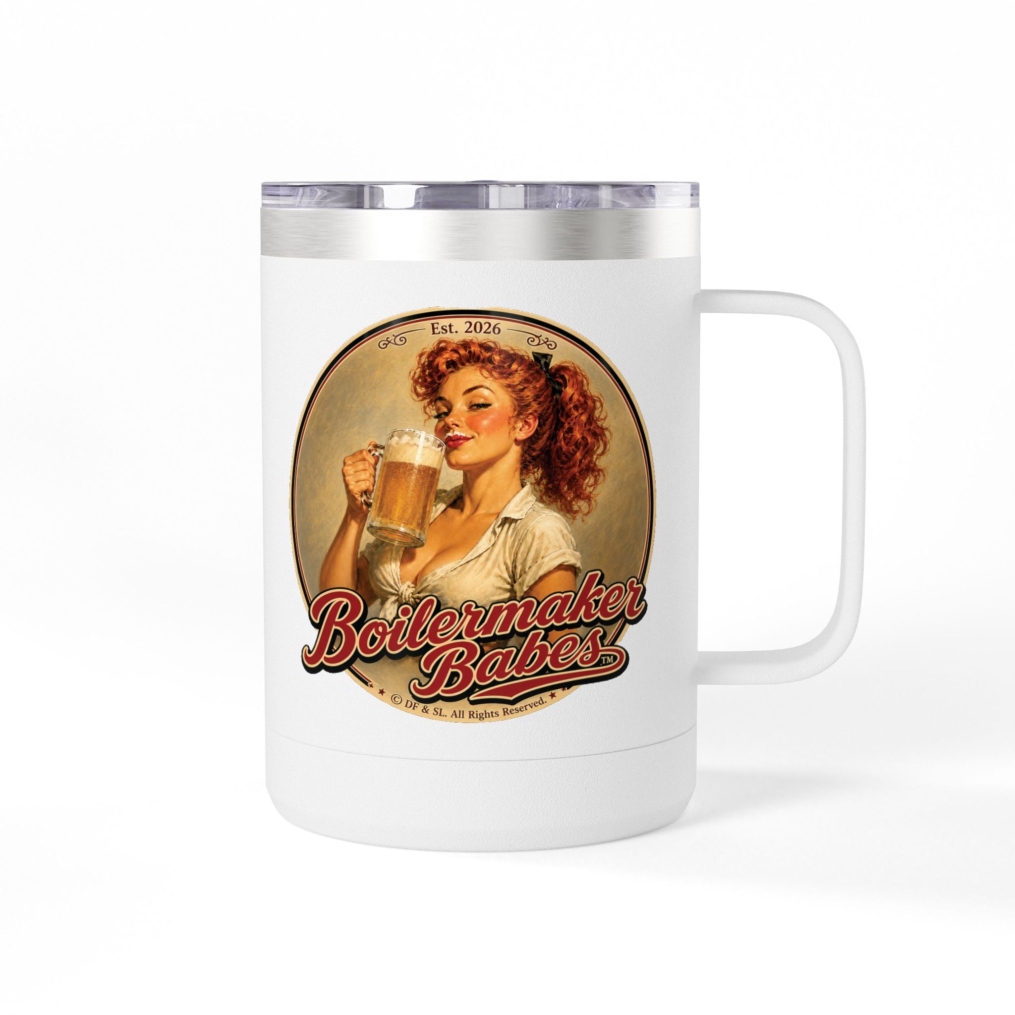 Thursti! (F) – 15oz. Insulated Mug - Boilermaker Babes ™ Vintage Style Pin-Up Art