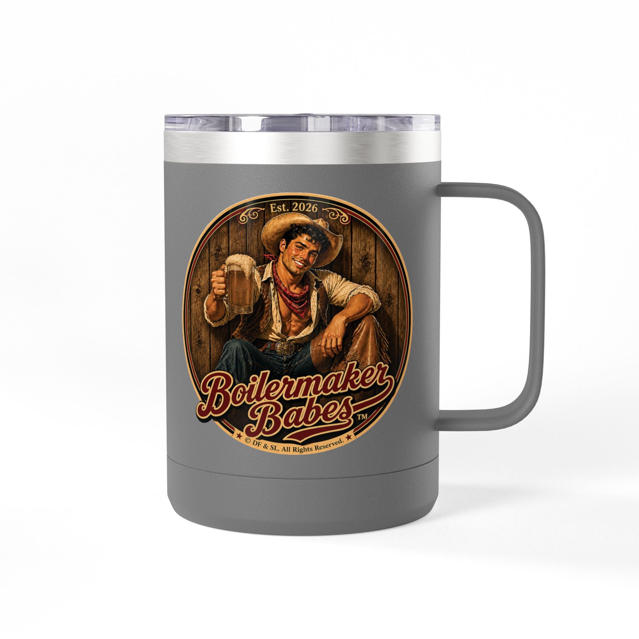 Cowboy Up! (M) – 15oz. Insulated Mug - Boilermaker Babes ™ Vintage Style Pin-Up Art