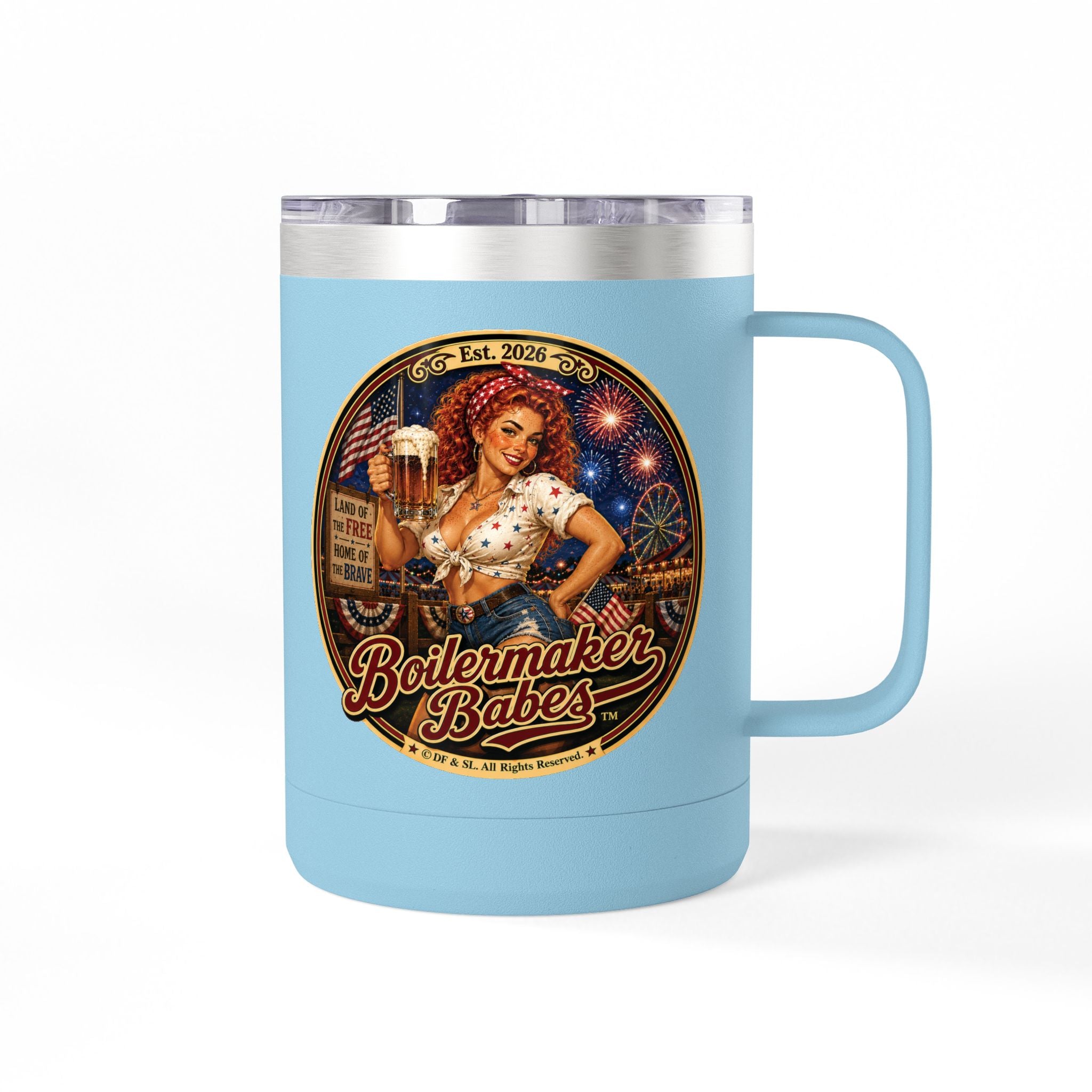 250! (F)– 15oz. Insulated Mug - Boilermaker Babes ™ Vintage Style Pin-Up Art
