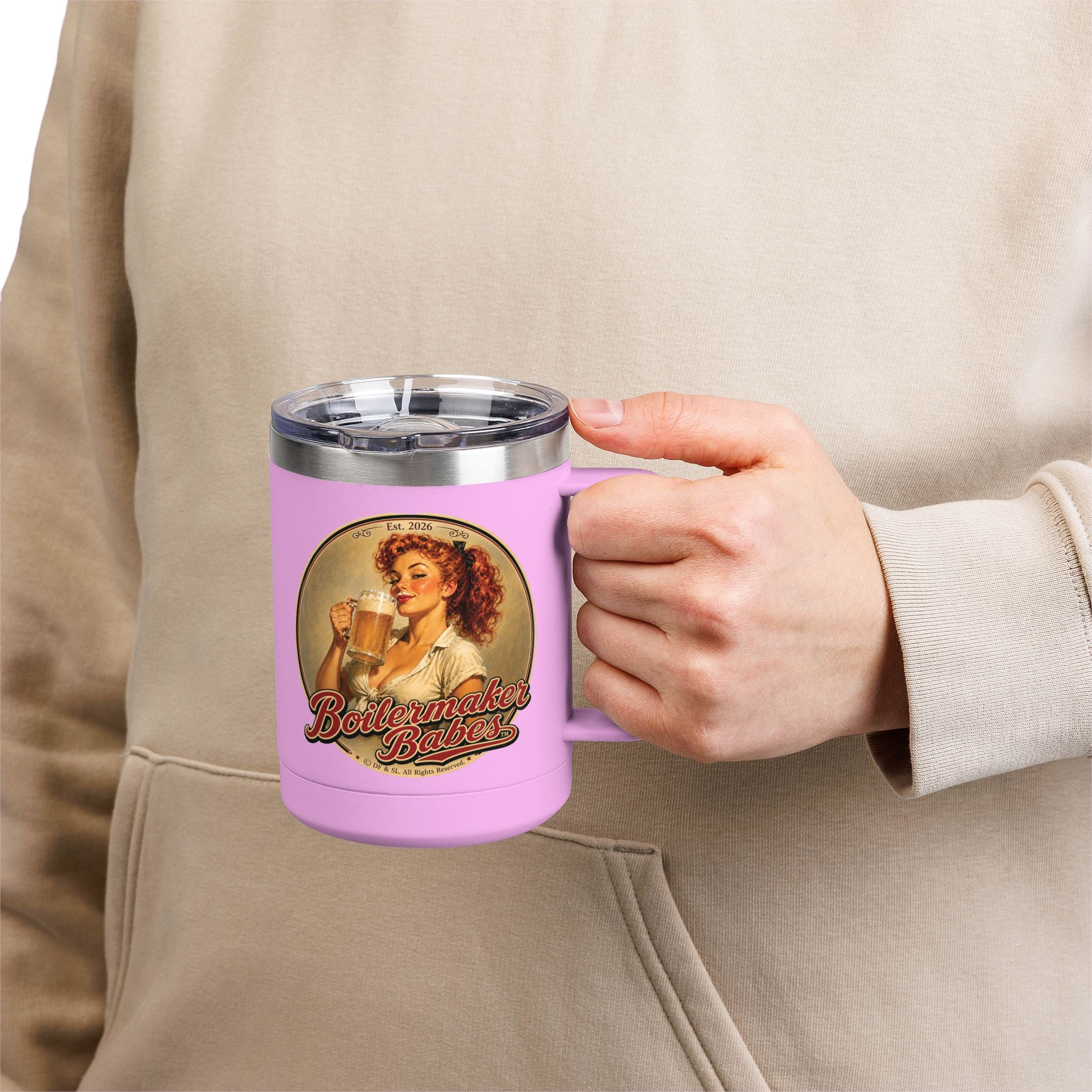 Thursti! (F) – 15oz. Insulated Mug - Boilermaker Babes ™ Vintage Style Pin-Up Art