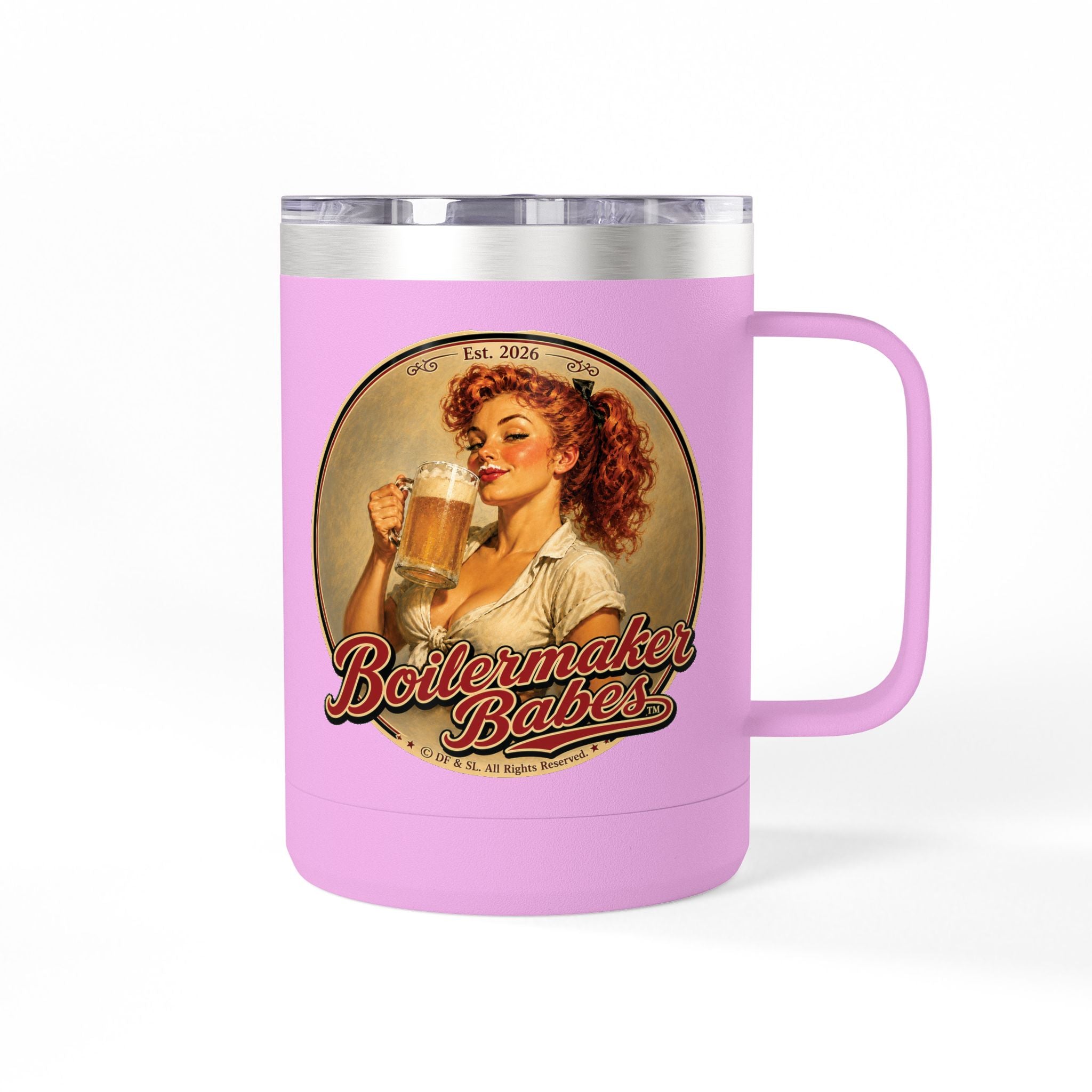 Thursti! (F) – 15oz. Insulated Mug - Boilermaker Babes ™ Vintage Style Pin-Up Art