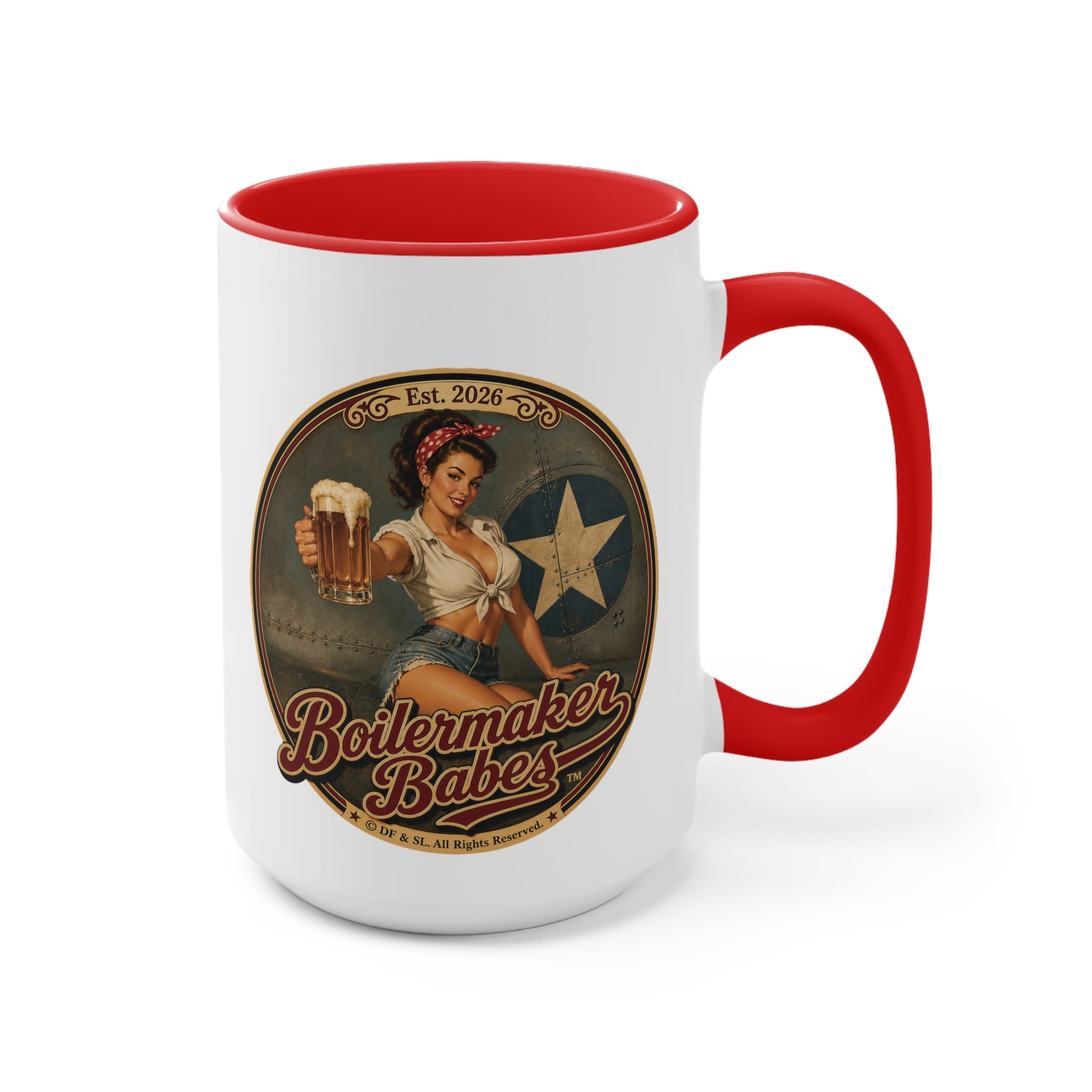 Rivets! (F) – 15oz. Accent Mug - Boilermaker Babes ™ Vintage Style Pin-Up Art