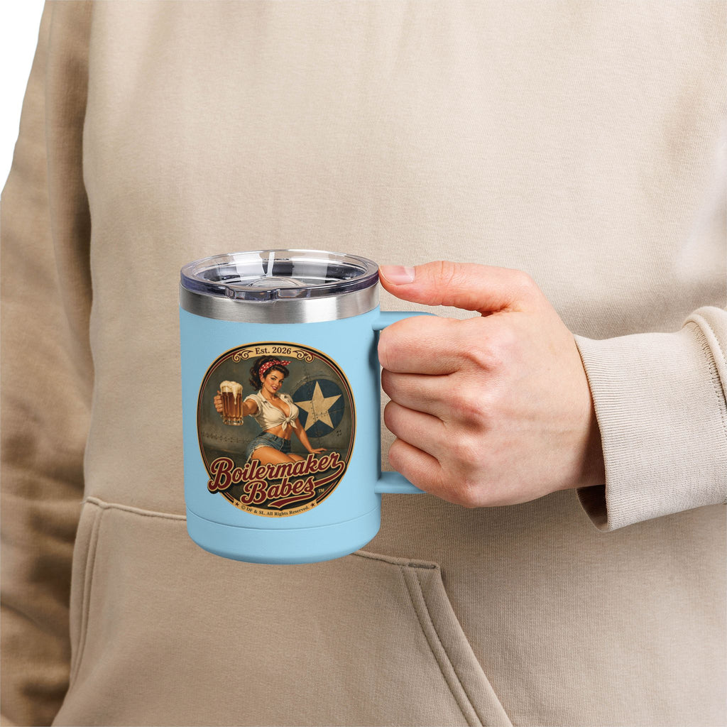 Rivets! (F) – 15oz. Insulated Mug - Boilermaker Babes ™ Vintage Style Pin-Up Art