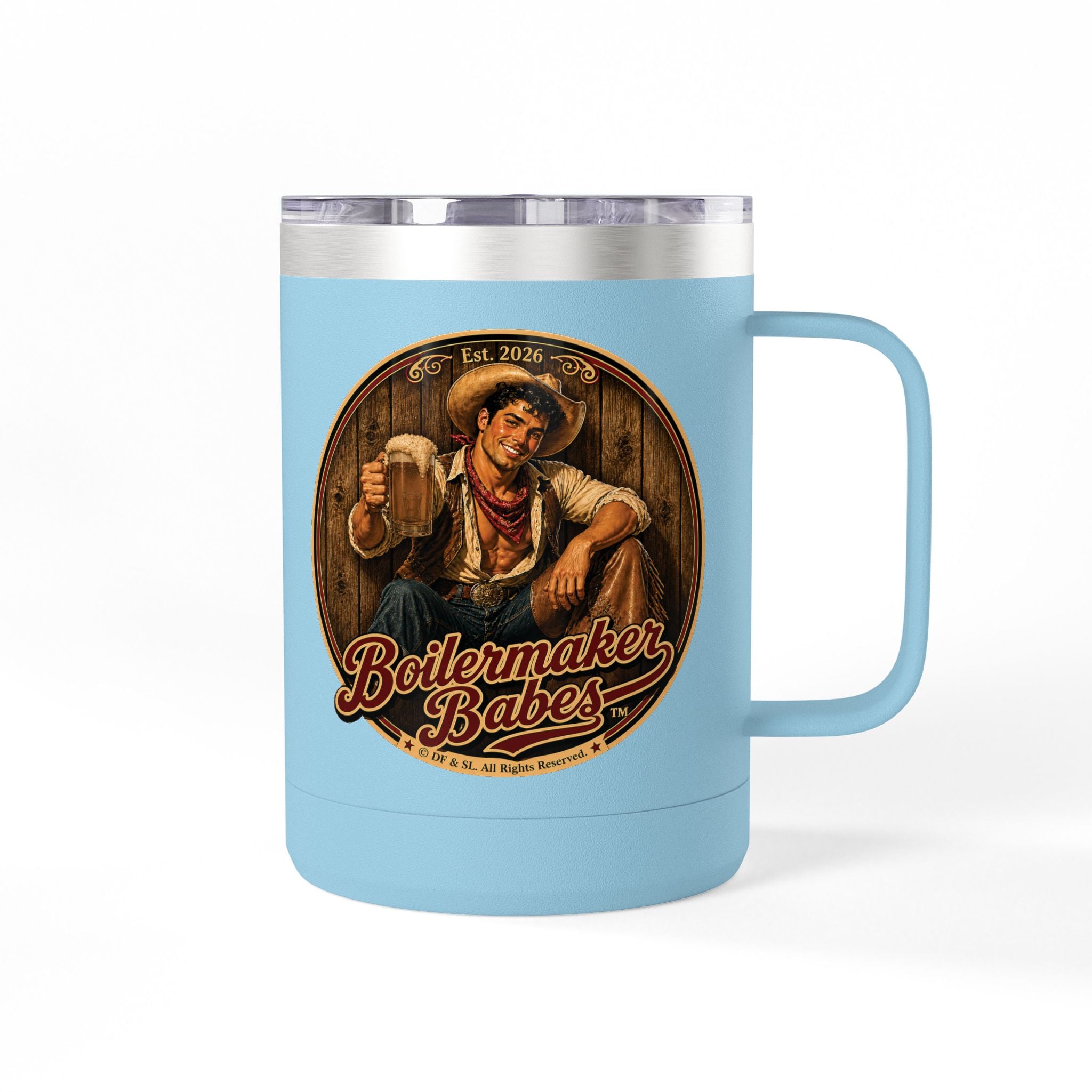 Cowboy Up! (M) – 15oz. Insulated Mug - Boilermaker Babes ™ Vintage Style Pin-Up Art