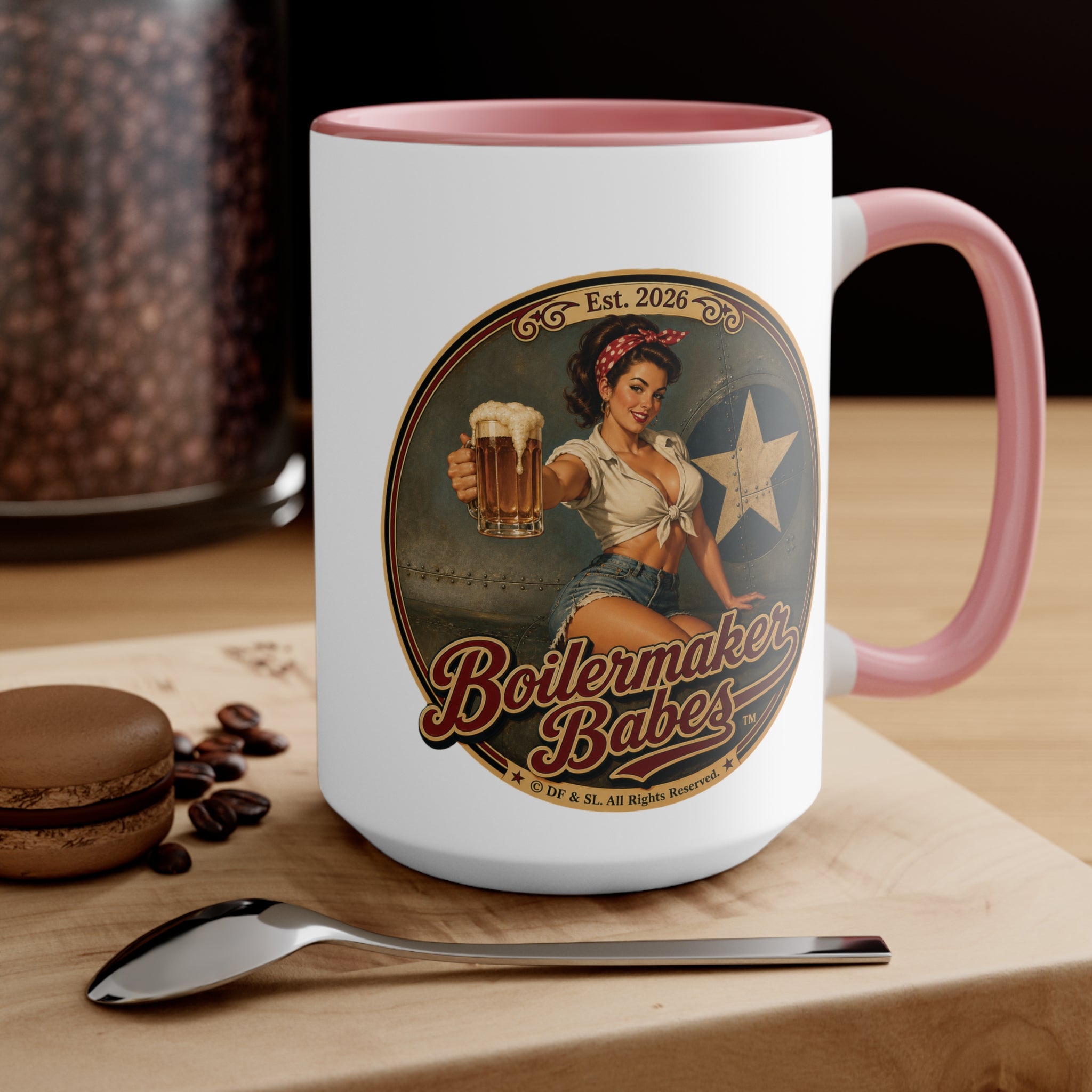 Rivets! (F) – 15oz. Accent Mug - Boilermaker Babes ™ Vintage Style Pin-Up Art