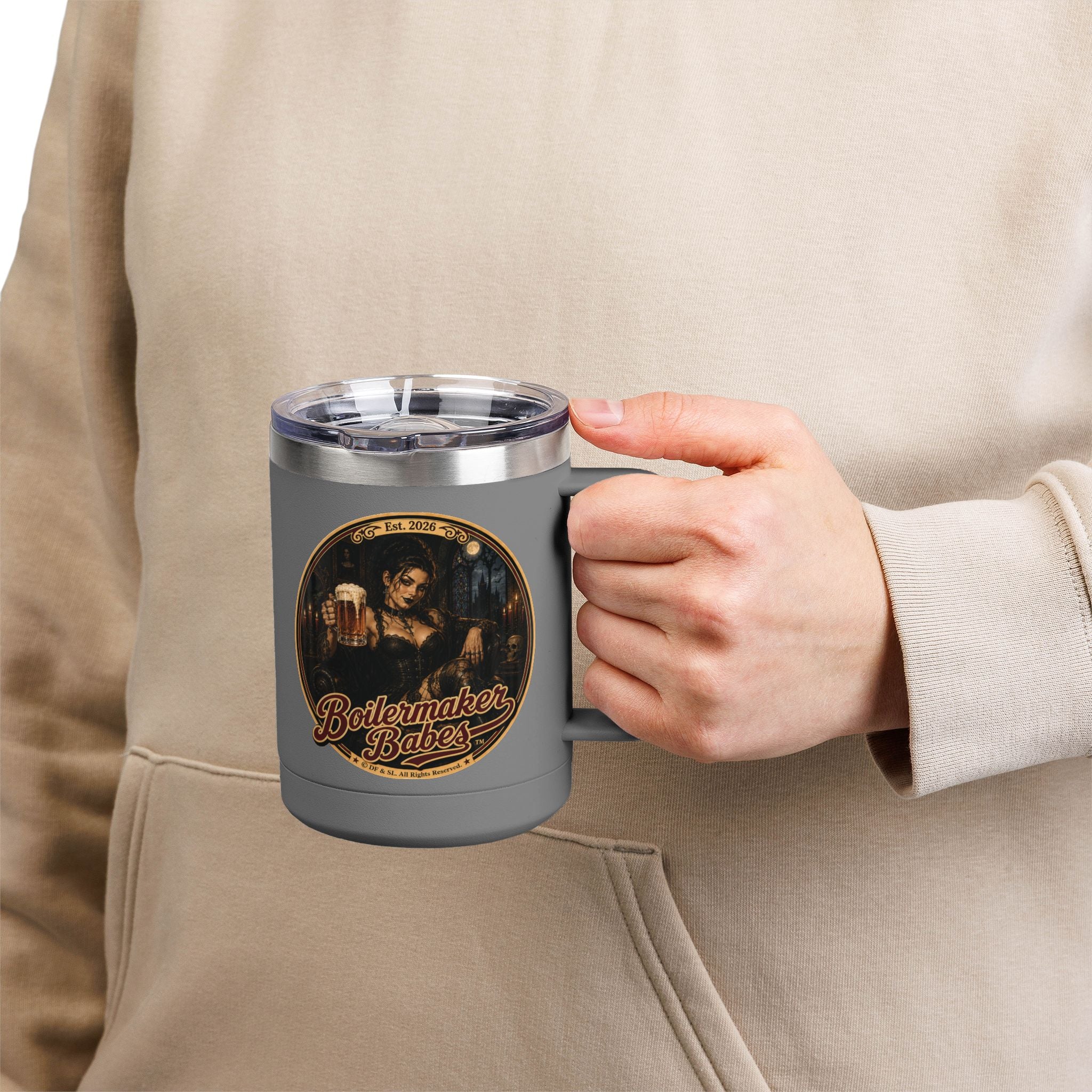 Spooki! (F) – 15oz. Insulated Mug - Boilermaker Babes ™ Vintage Style Pin-Up Art