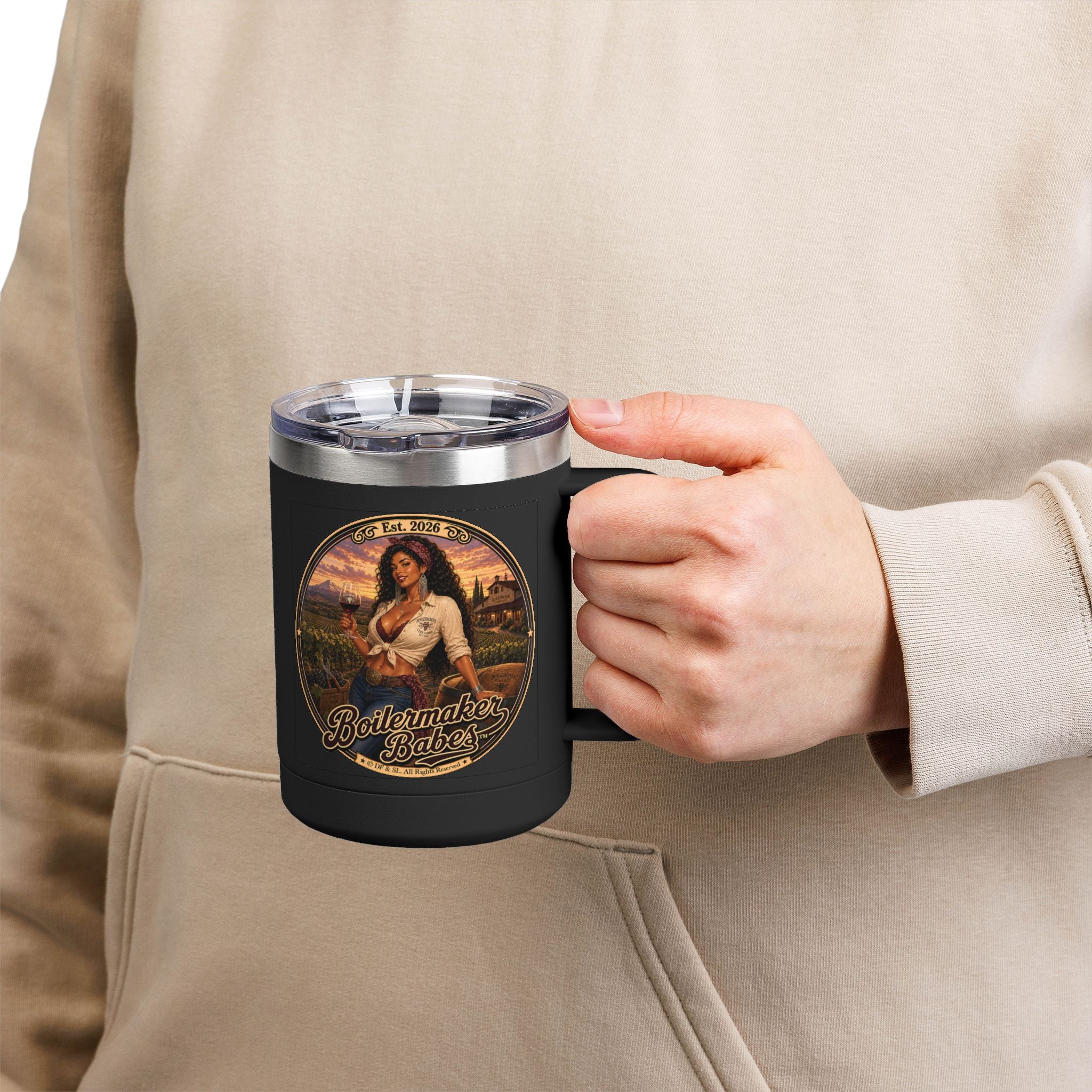 Vini! (F) – 15oz. Insulated Mug - Boilermaker Babes ™ Vintage Style Pin-Up Art