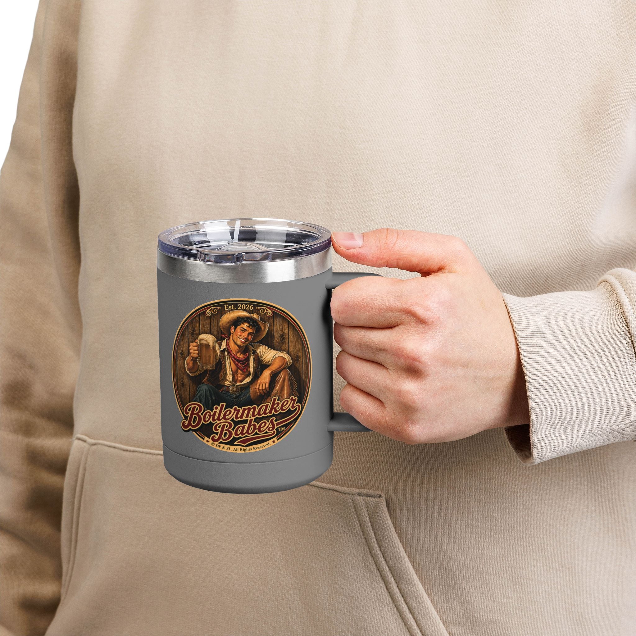 Cowboy Up! (M) – 15oz. Insulated Mug - Boilermaker Babes ™ Vintage Style Pin-Up Art