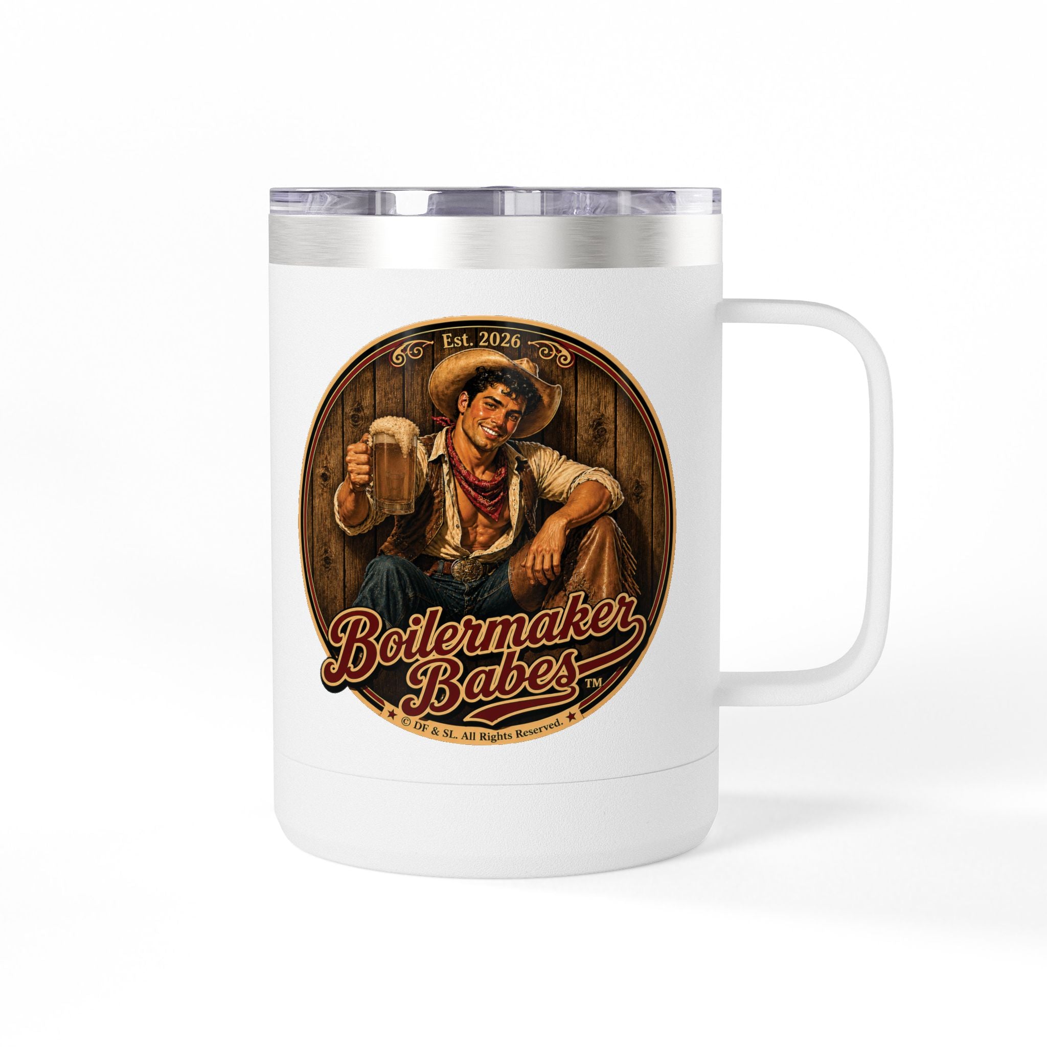 Cowboy Up! (M) – 15oz. Insulated Mug - Boilermaker Babes ™ Vintage Style Pin-Up Art