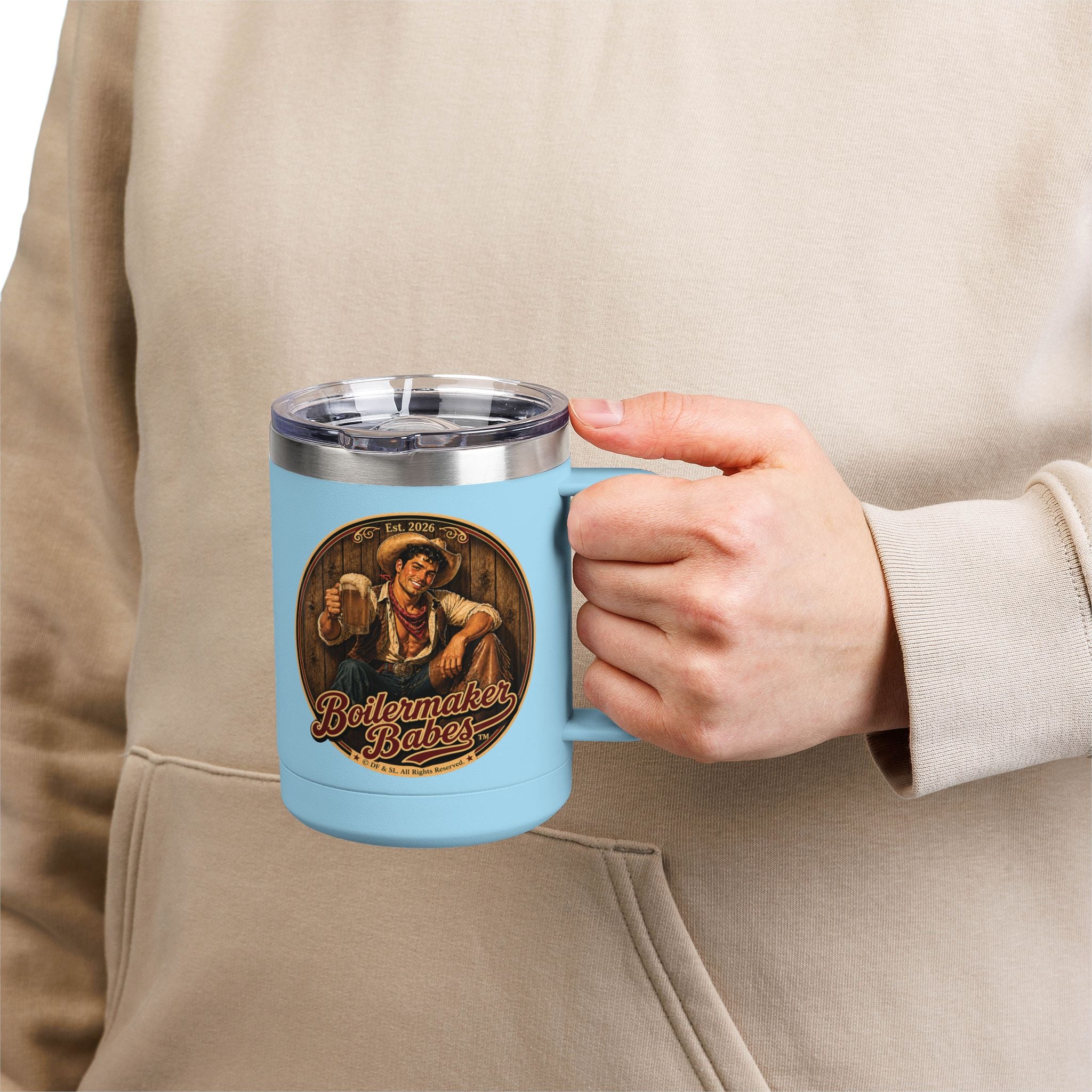 Cowboy Up! (M) – 15oz. Insulated Mug - Boilermaker Babes ™ Vintage Style Pin-Up Art