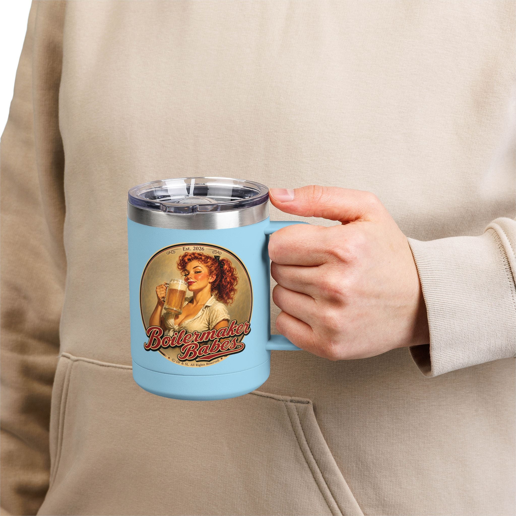 Thursti! (F) – 15oz. Insulated Mug - Boilermaker Babes ™ Vintage Style Pin-Up Art