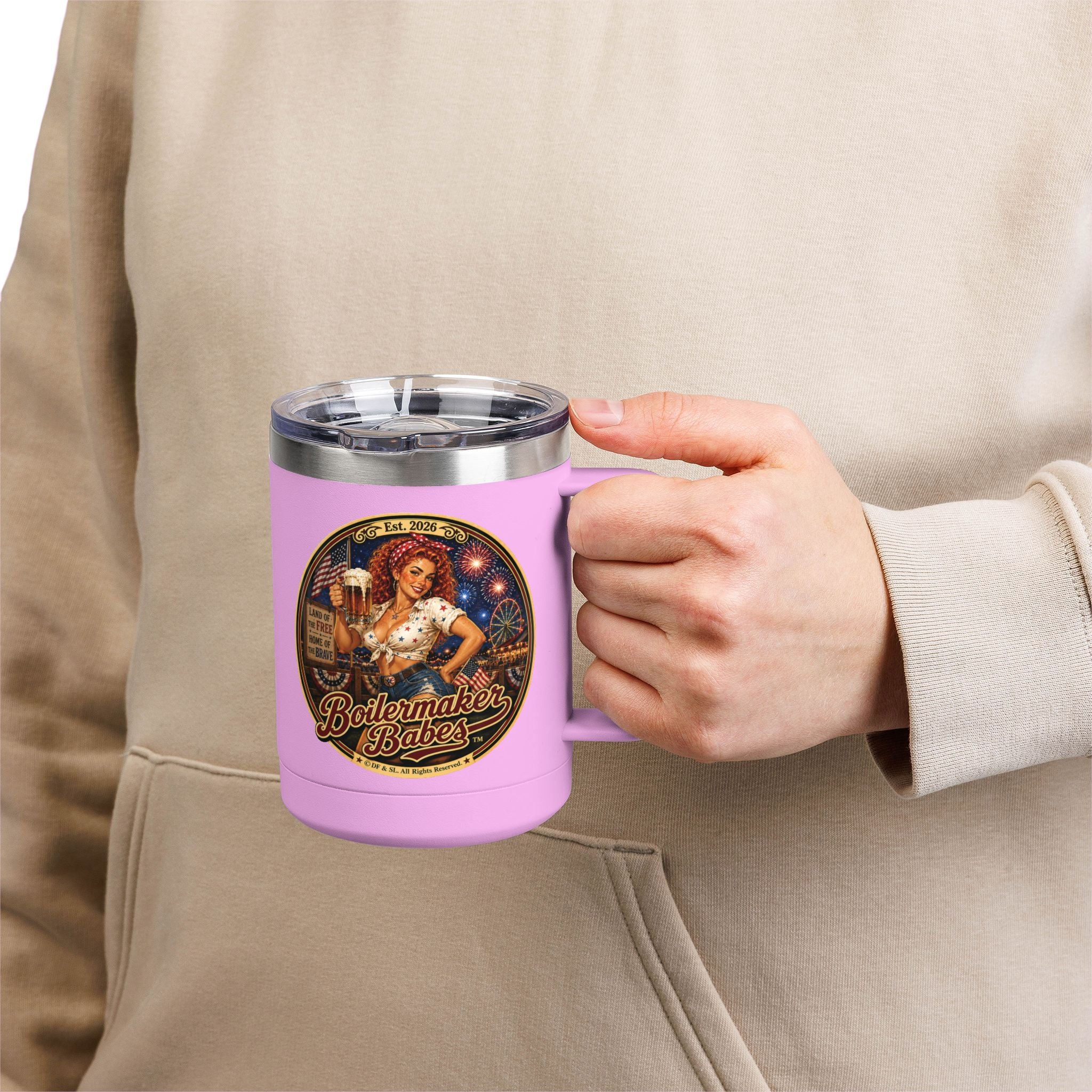250! (F)– 15oz. Insulated Mug - Boilermaker Babes ™ Vintage Style Pin-Up Art