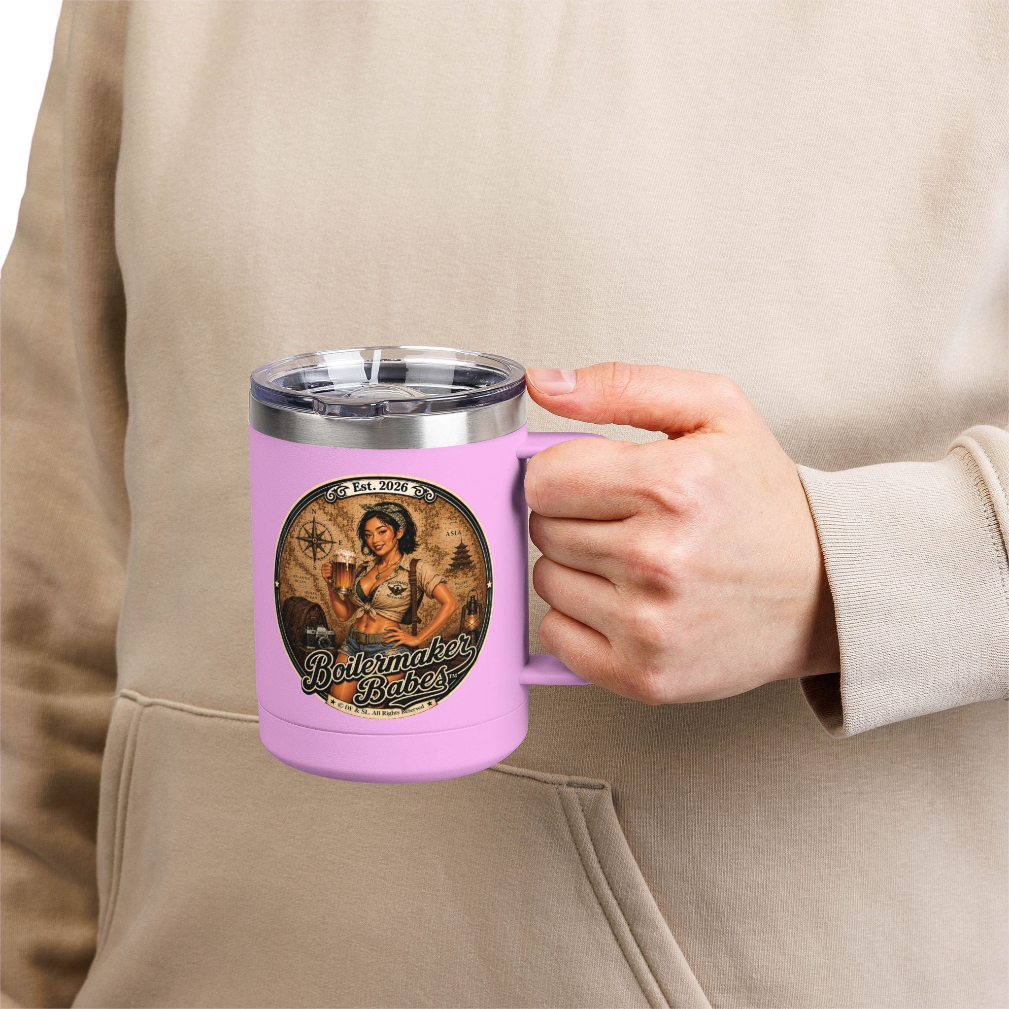 Xplore! (F) – 15oz. Insulated Mug - Boilermaker Babes ™ Vintage Style Pin-Up Art