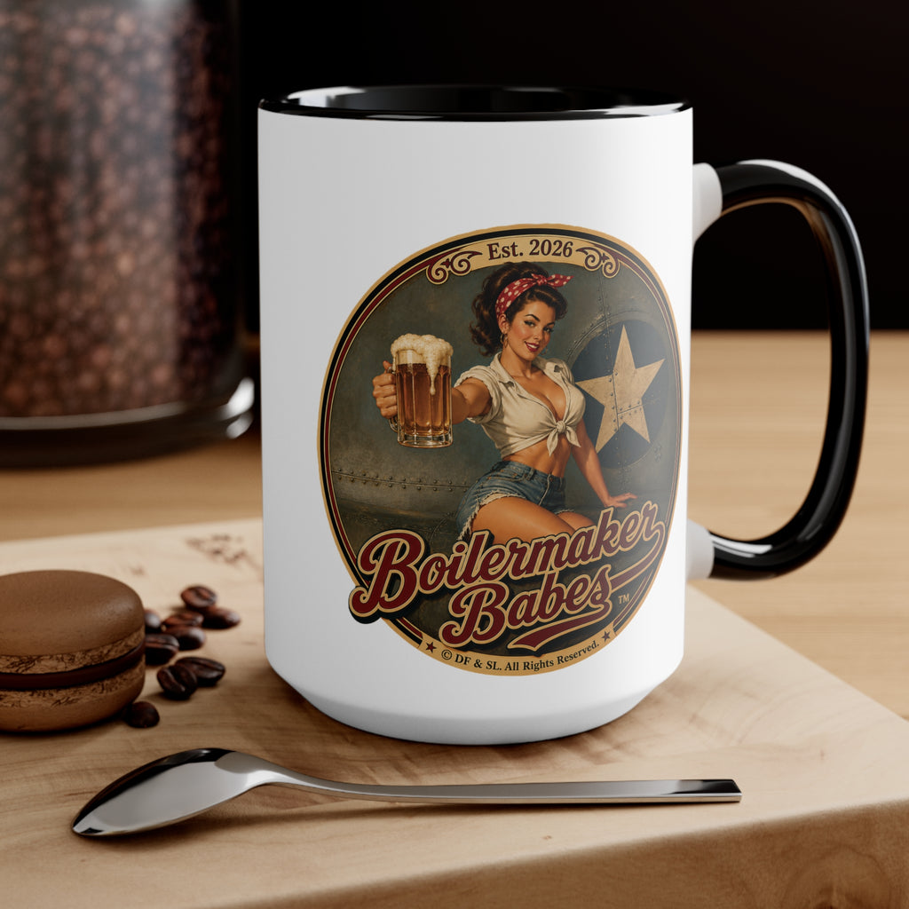 Rivets! (F) – 15oz. Accent Mug - Boilermaker Babes ™ Vintage Style Pin-Up Art