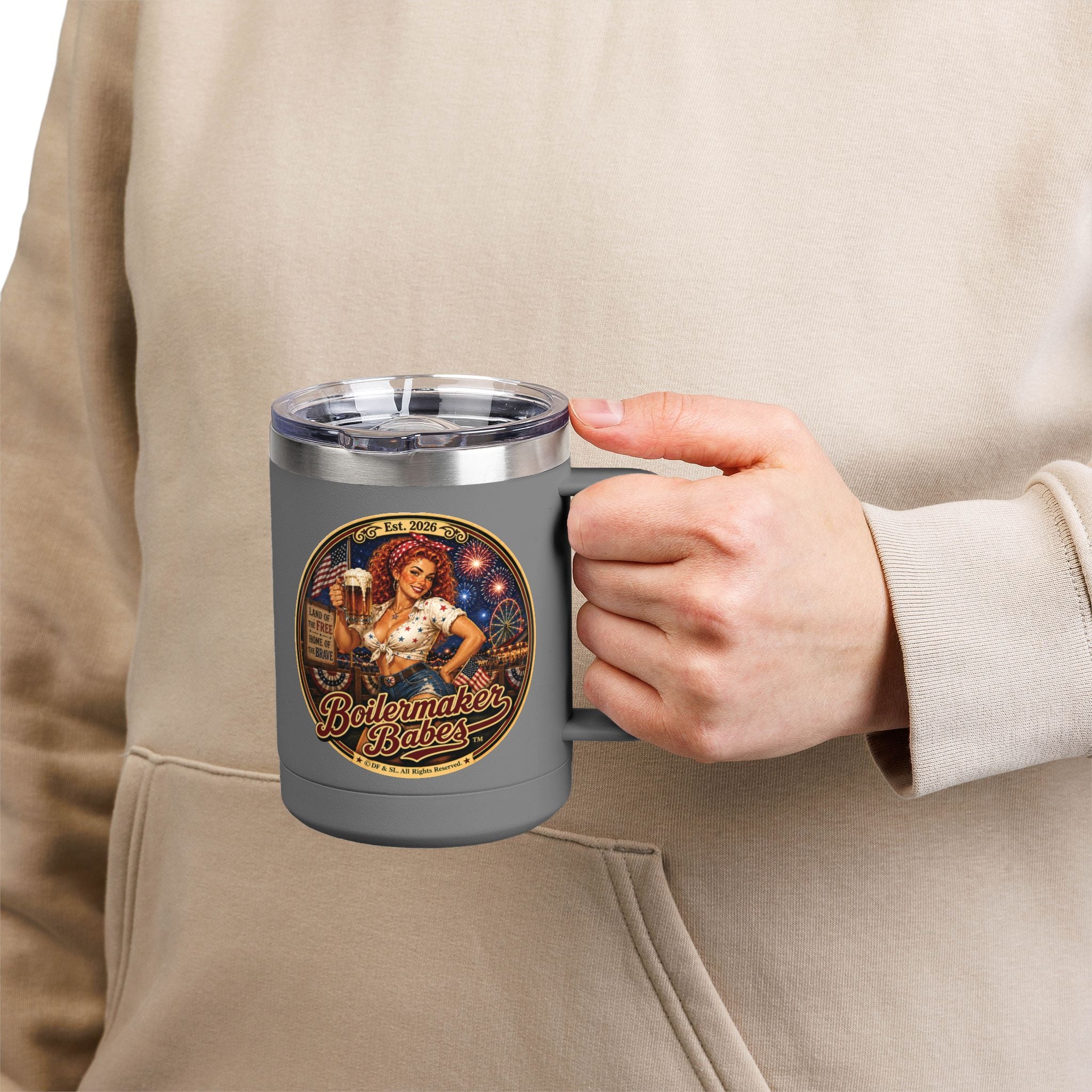 250! (F)– 15oz. Insulated Mug - Boilermaker Babes ™ Vintage Style Pin-Up Art
