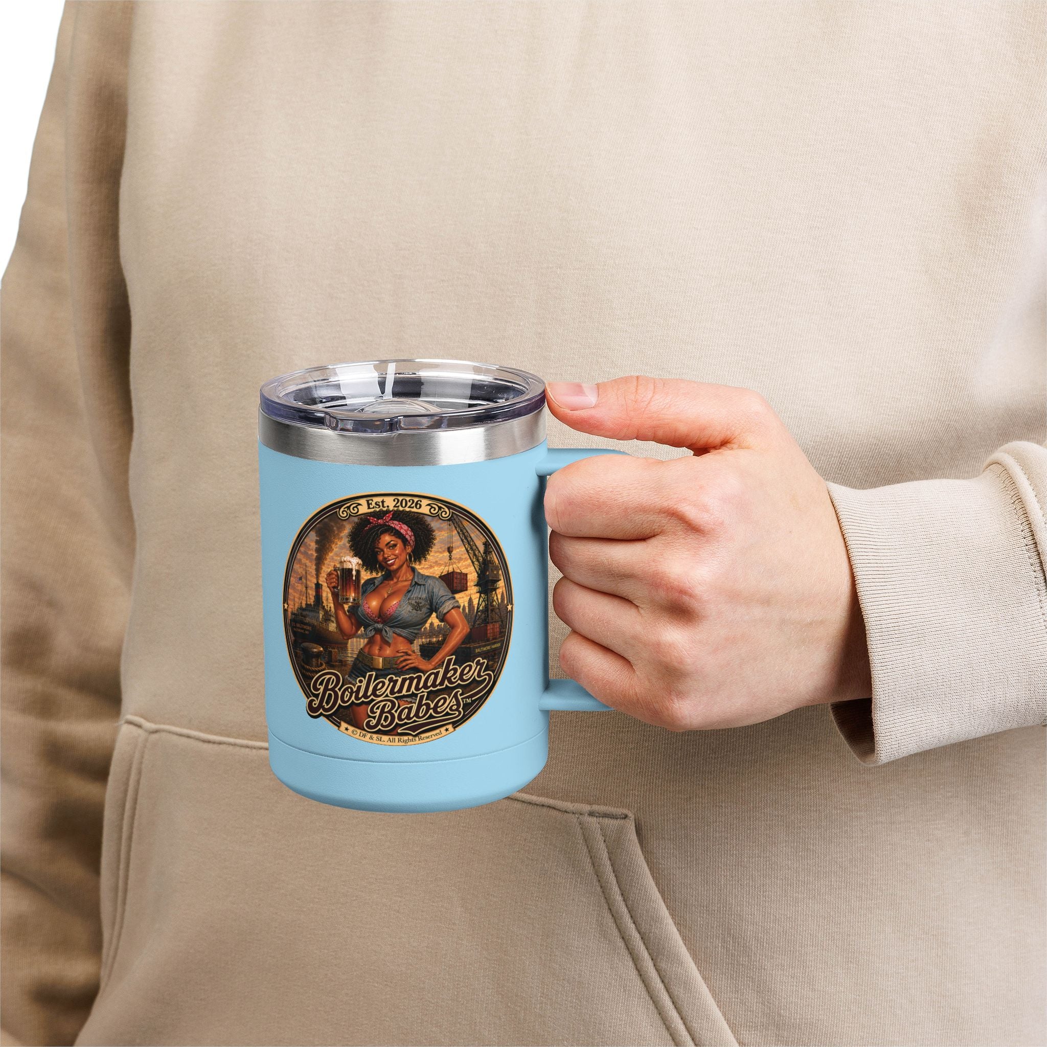 Docke! (F) – 15oz. Insulated Mug - Boilermaker Babes ™ Vintage Style Pin-Up Art