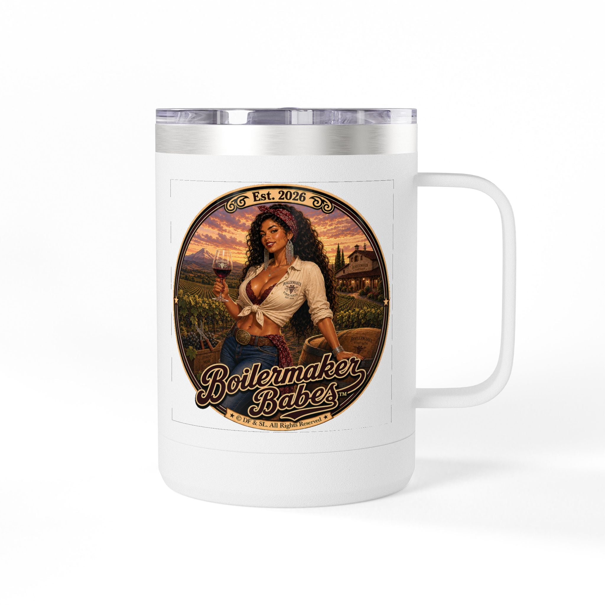 Vini! (F) – 15oz. Insulated Mug - Boilermaker Babes ™ Vintage Style Pin-Up Art