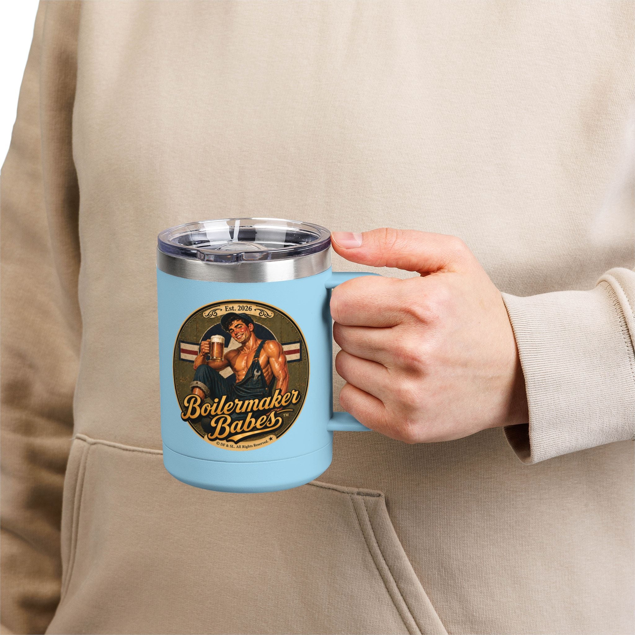 Mecham! (M) – 15oz. Insulated Mug - Boilermaker Babes ™ Vintage Style Pin-Up Art