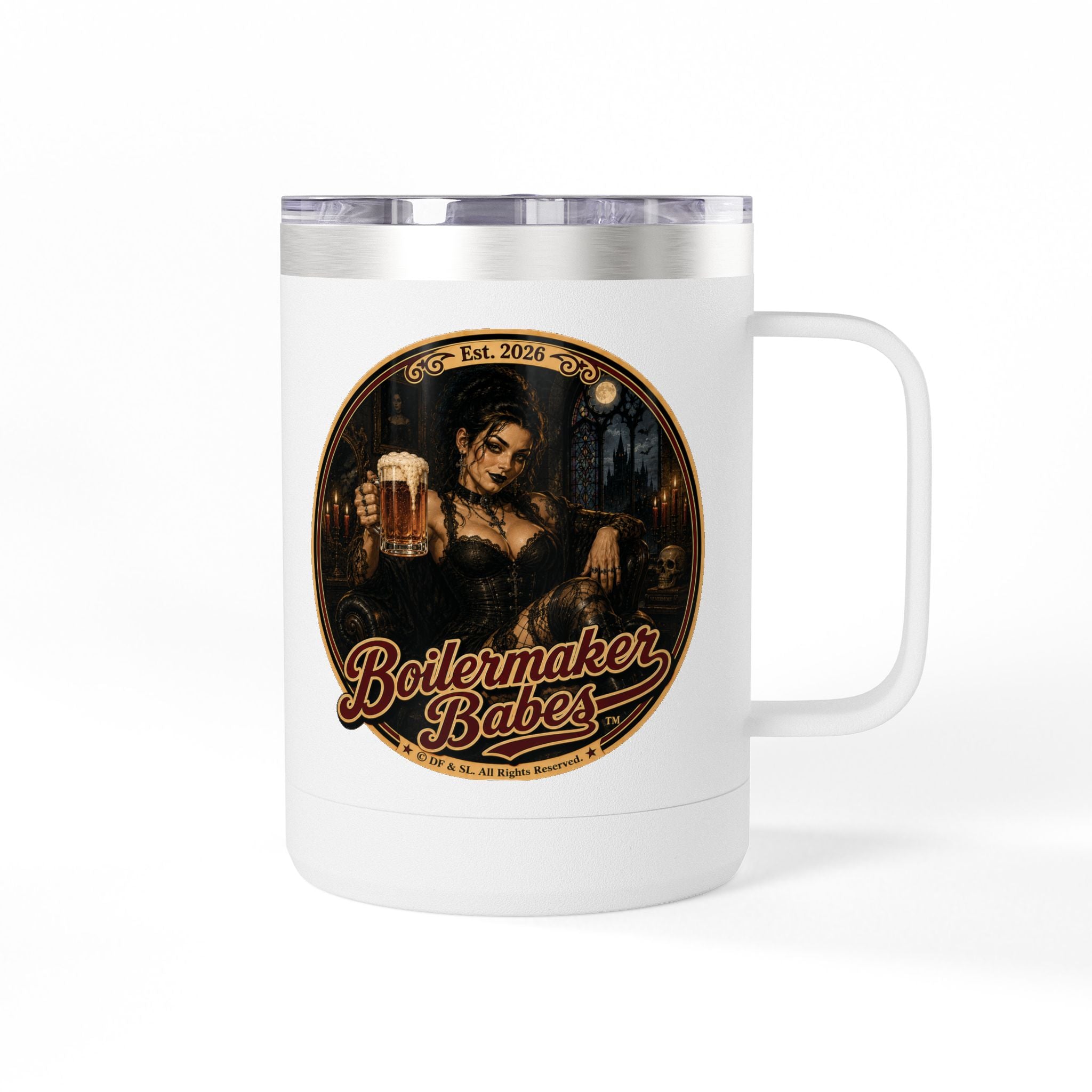 Spooki! (F) – 15oz. Insulated Mug - Boilermaker Babes ™ Vintage Style Pin-Up Art